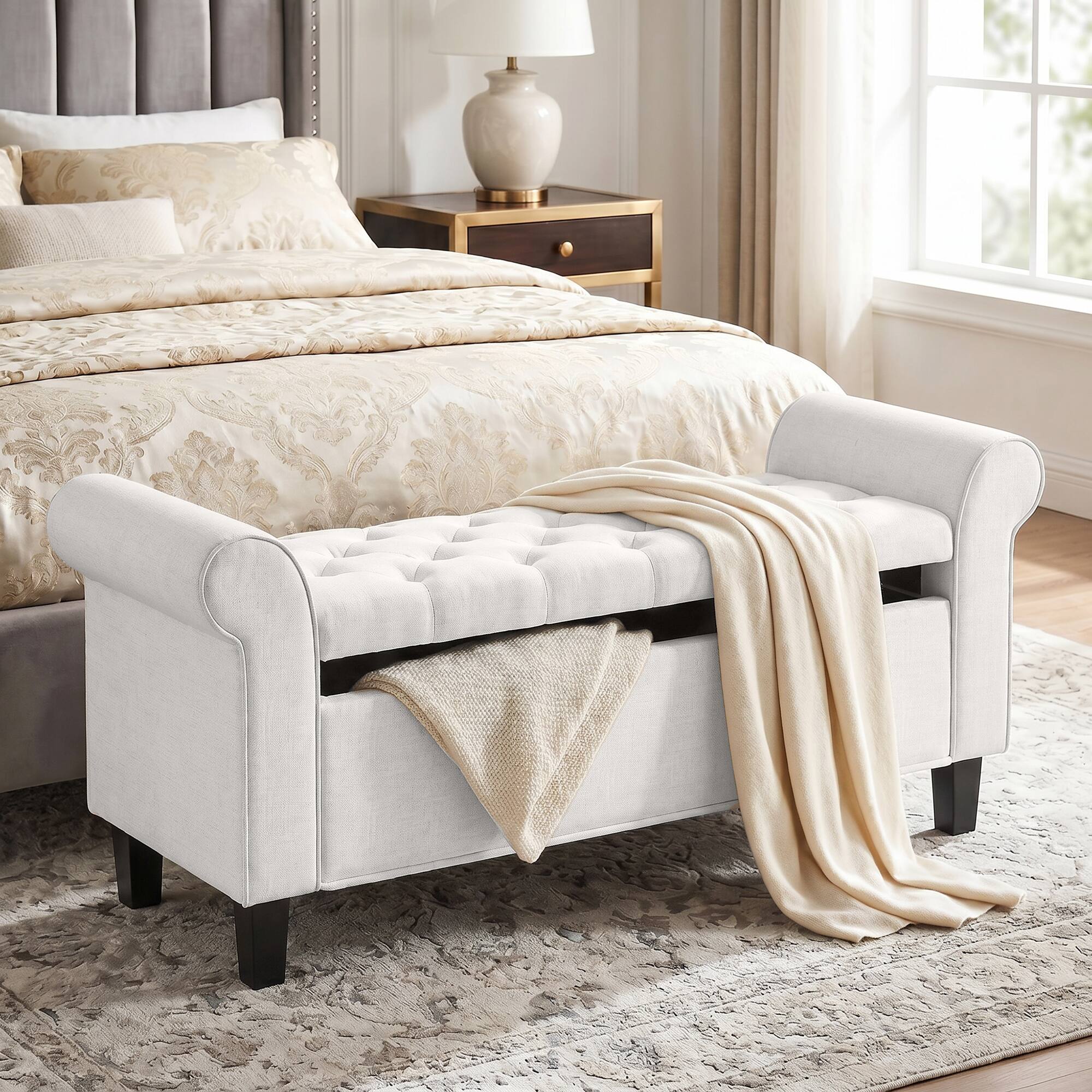 Alt View 1. Homcom - Storage Ottoman Bench, Tufted End of Bed Bench with Rolled Arms, Safety Hinge, Wood Legs for Bedroom - Cream White.