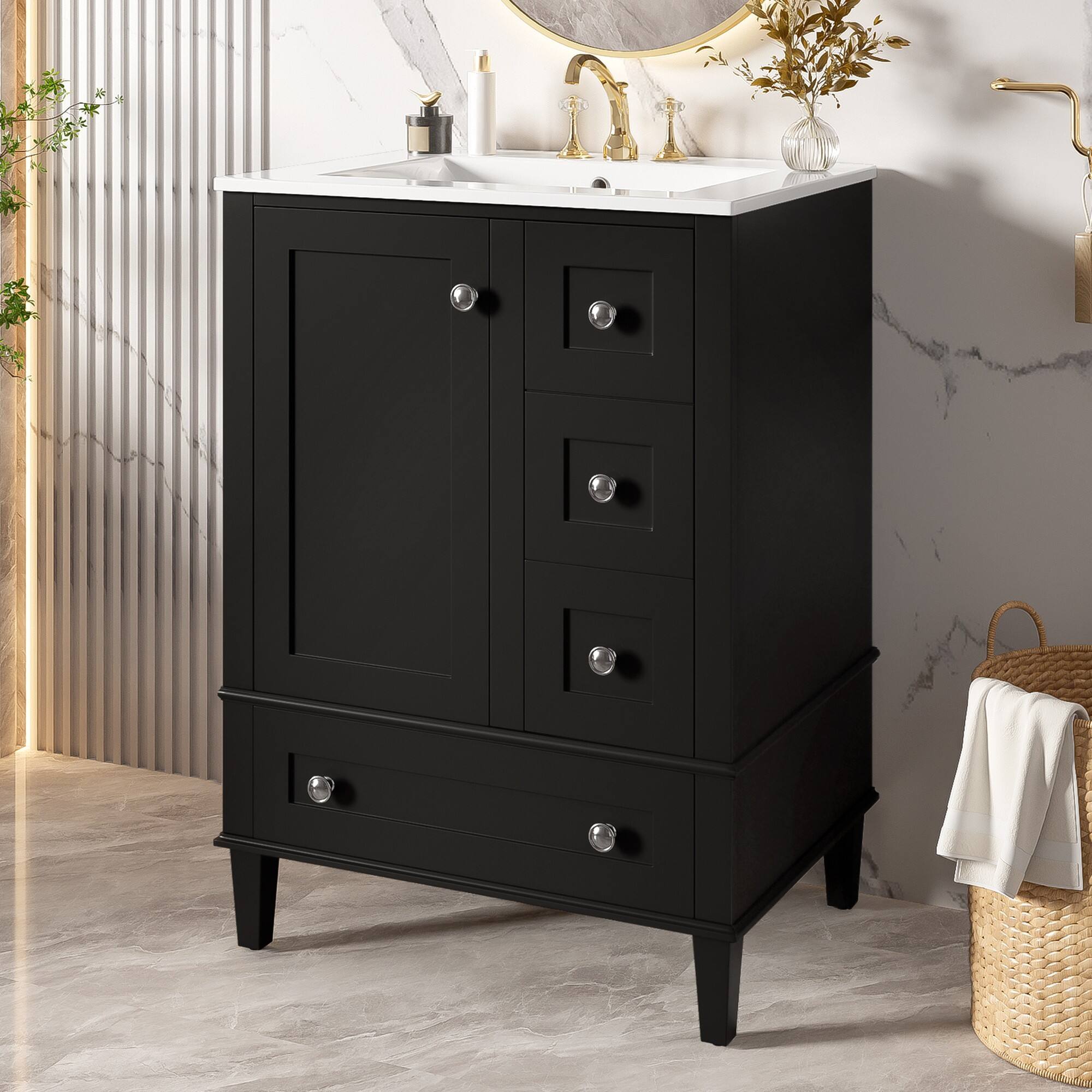 Alt View 2. Ecooso - 24" Bathroom Vanity with Ceramic Basin, Freestanding Cabinet with Soft-Close Door, 3 Drawers & Door Rack - Black.