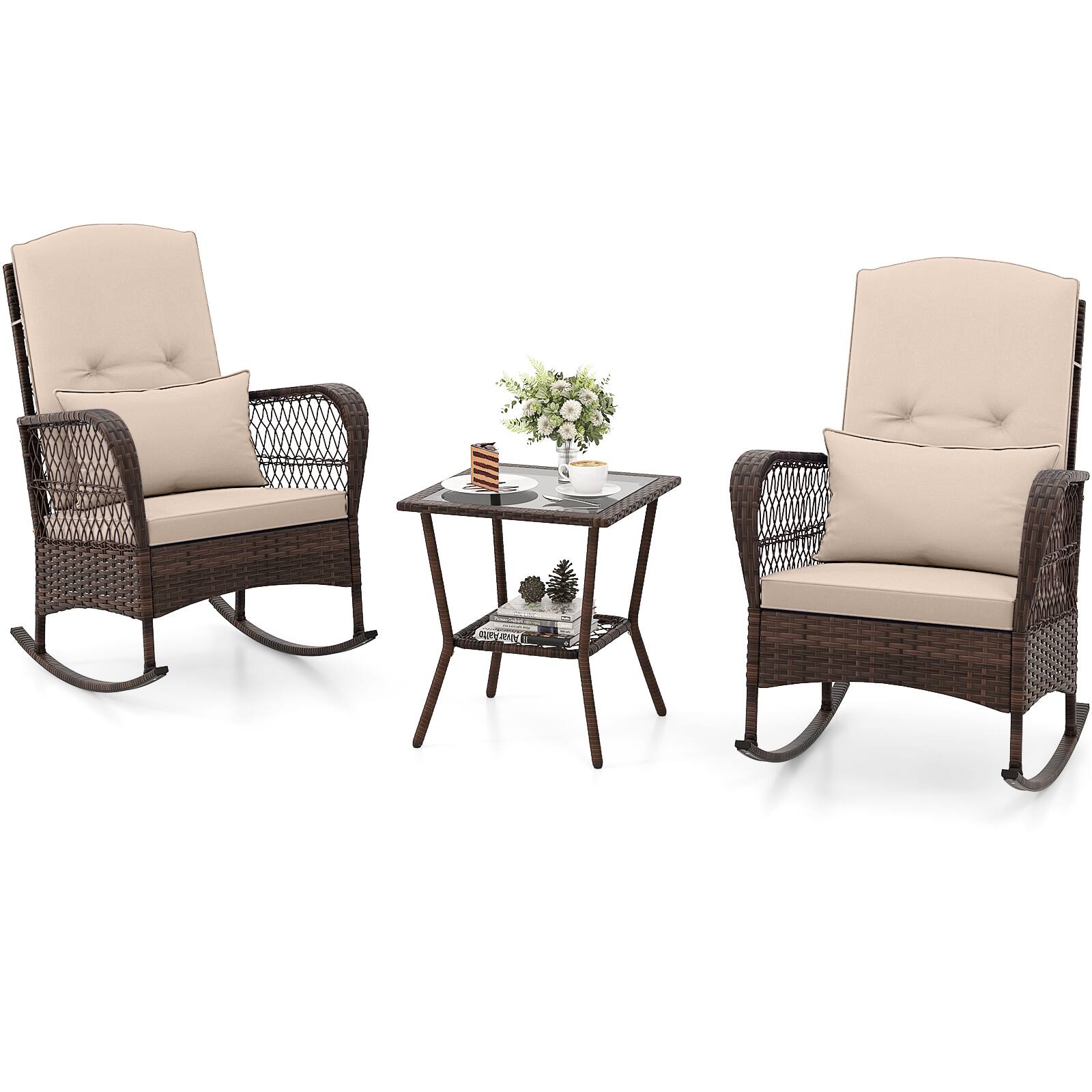 Alt View 8. Gymax - Gymax 3 Pieces Rocking Bistro Set PE Rattan Rocking Chairs w/ 2-Tier Coffee Table Mix Brown - Mix Brown, Beige.