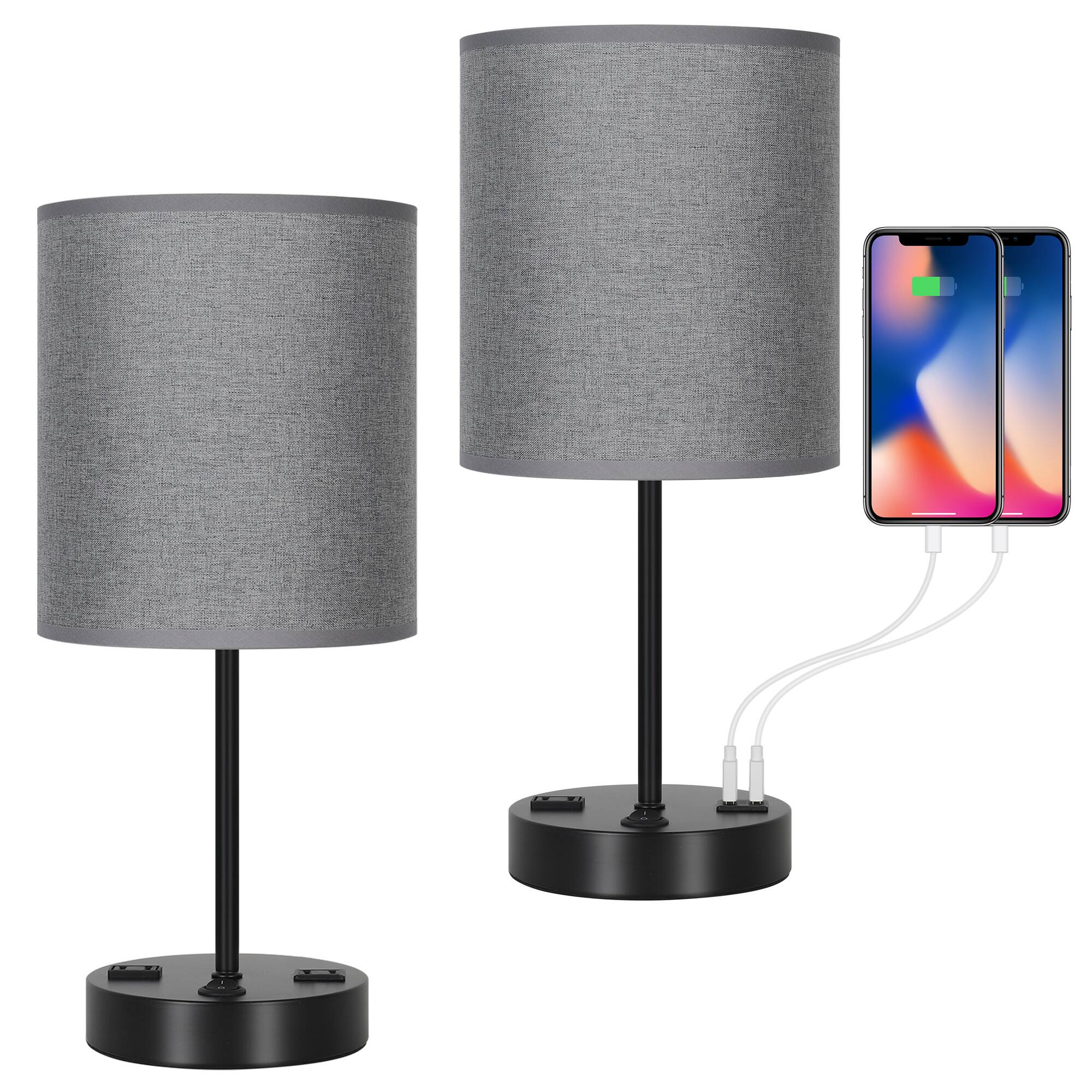 Angle. Oumilen - Set of 2 Grey Fabric Shade Table Lamps with USB & AC Outlet – Modern Black Metal Desk Lamps.