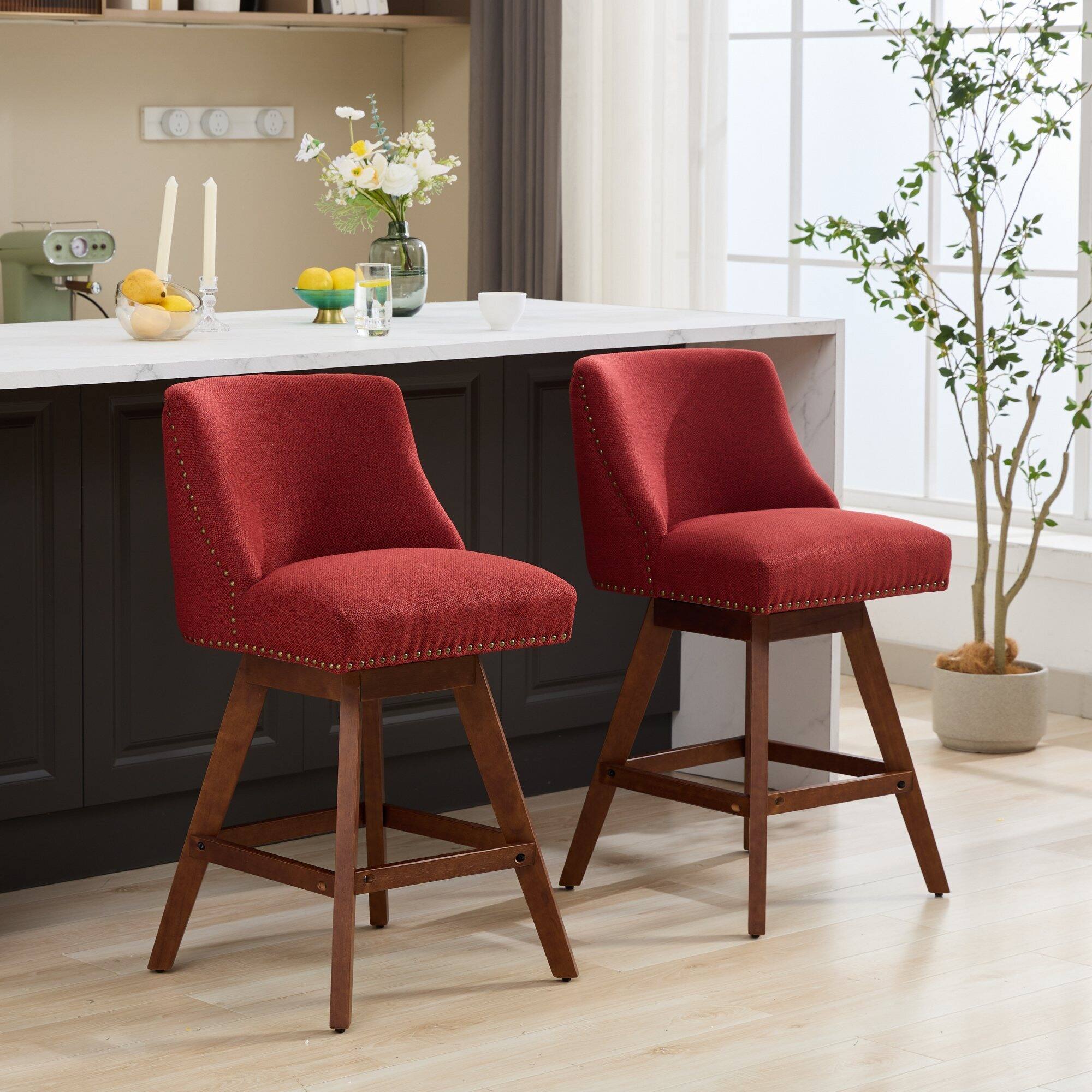 Front. Trinkets Crazed - Counter Height Swivel Barstools Set of 2, 26'' H Seat Height Upholstered Bar Stools, Fabric - Red.