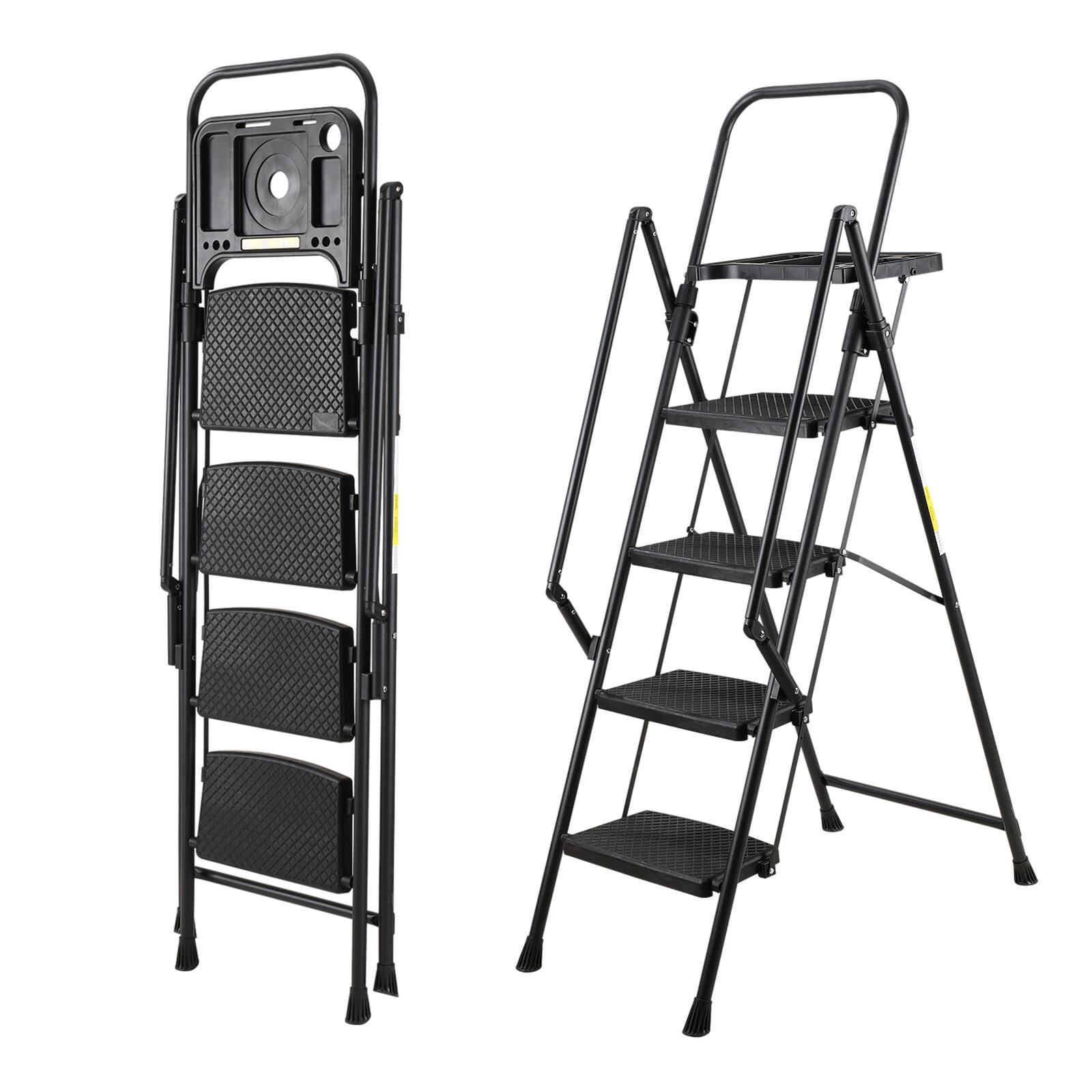 Front. Chateau Abodes - Folding Ladder with Handrails, Tool Tray & Wide Anti-Slip Steps, Portable 800 lb Capacity for Home & Office - 4 Step.