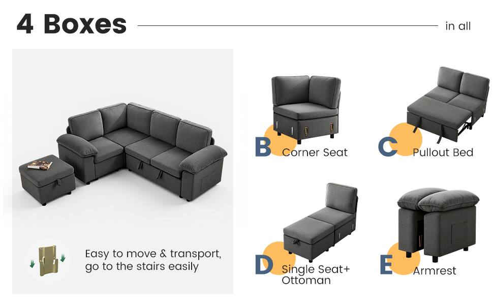4 Boxes in all

B Corner Seat
C Pullout Bed
D Single Seat+ Ottoman
E Armrest

Easy to move & transport, go to the stairs easily