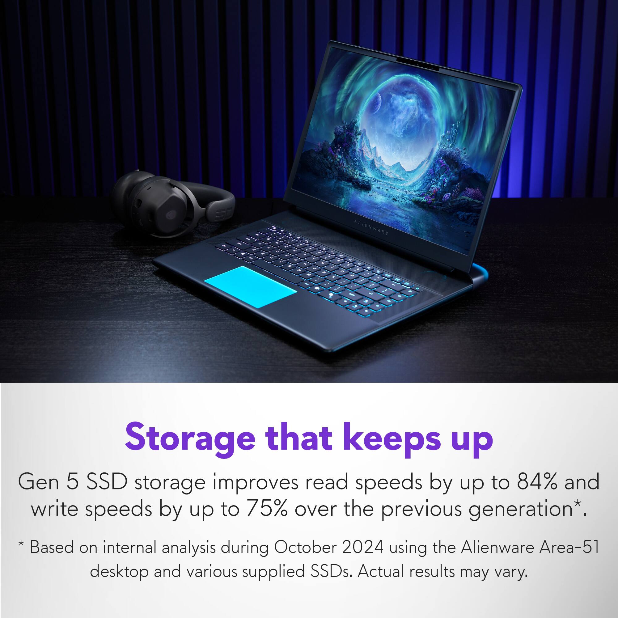 Storage that keeps up with Gen 5 SSD storage improves read speeds by up to 84% and write speeds by up to 75% over the previous generation. Based on internal analysis during October 2024 using the Alienware Area-51 desktop and various supplied SSDs. Actual results may vary.