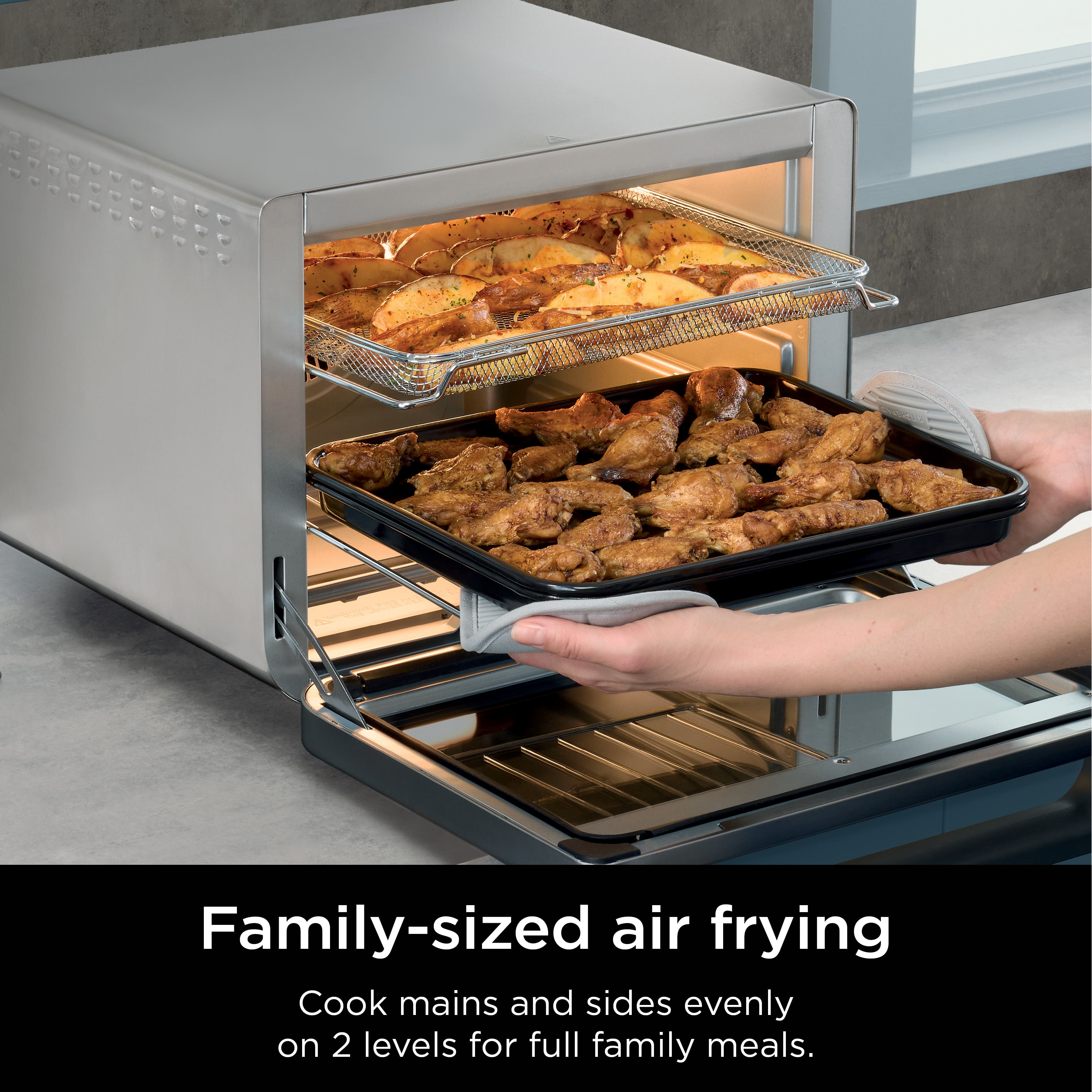 Family-sized air frying: Cook mains and sides evenly on 2 levels for full family meals.