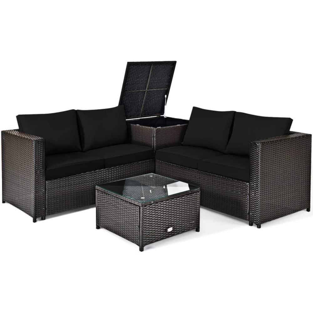 Pefilos - 4 Pieces Outdoor Patio Rattan Furniture Set with Loveseat and Storage Box, Patio Furniture Set for Outdoor as Garden - Black