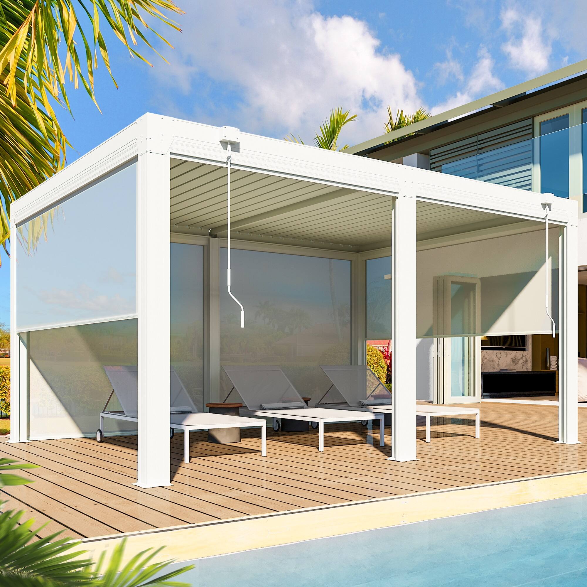 Angle. U-HOMY - 12x16 ft Aluminum Pergola with Adjustable Rainproof Roof & Pull-Down Privacy Screens, Outdoor Hardtop Gazebo for Patio - White.