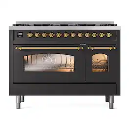 ILVE - Nostalgie II 48 inch Dual Fuel Range with 8 Black Brass Sealed Burners (Limited Edition) (Graphite Matte, Brass) - Graphite Matte
