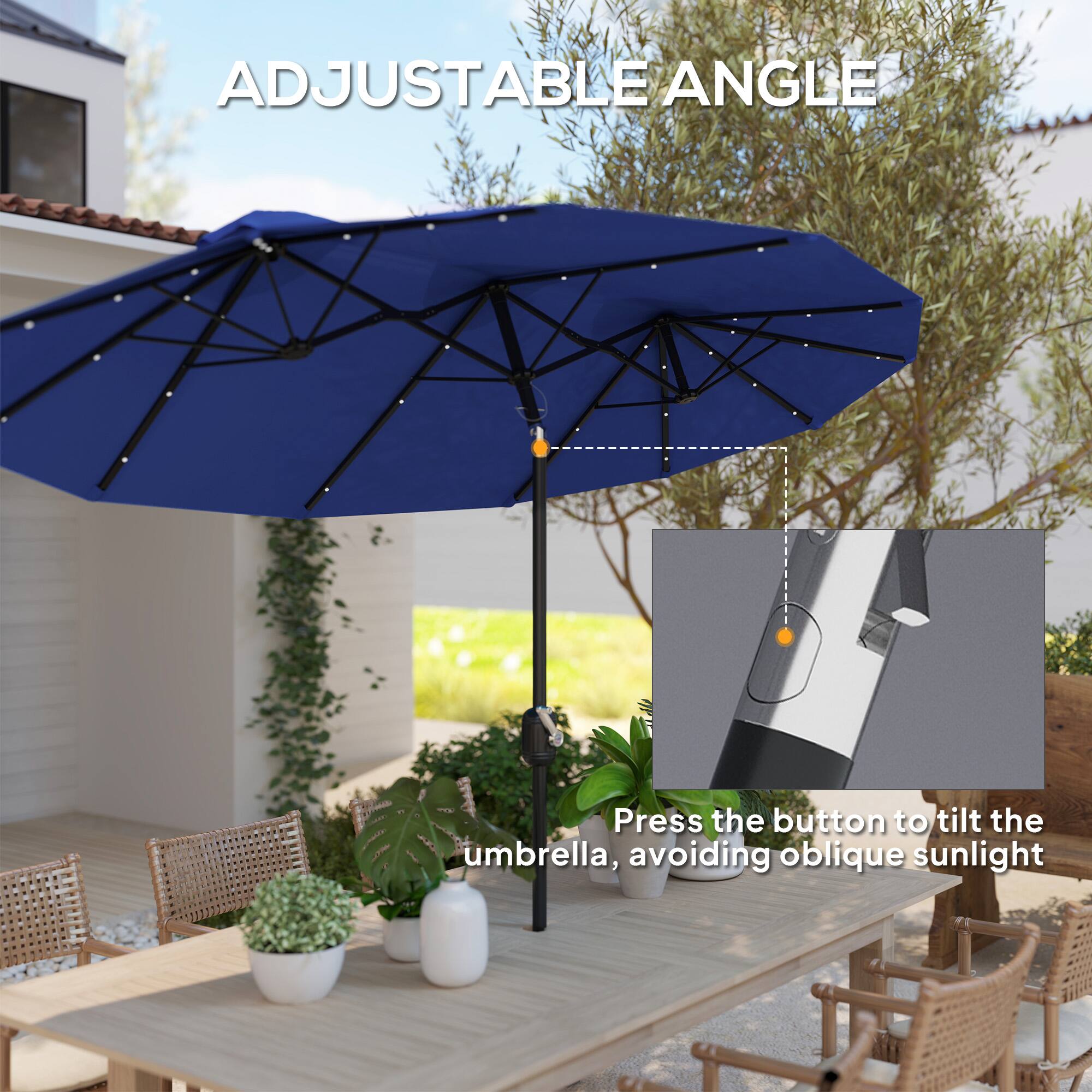 ADJUSTABLE ANGLE
Press the button to tilt the umbrella, avoiding oblique sunlight