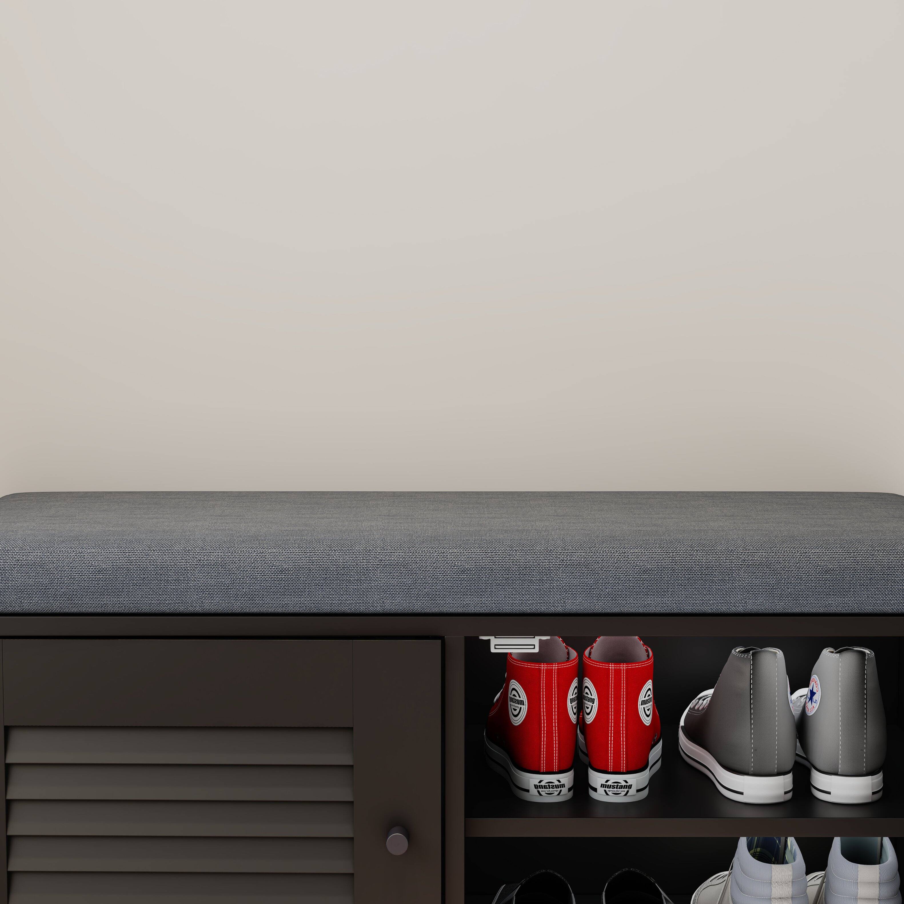 Alt View 4. TinyHomie - 28.74in Shoe Storage Bench with 2 Door Cabinet Black Shoe Storage Shoe Bench with Cushion Adjustable Shelves - Black.
