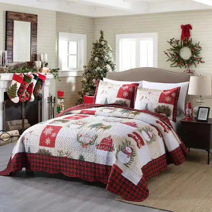 Front. MarCielo - MarCielo 3-Piece Snowman Queen Size Christmas Quilt Set B013 - Red.