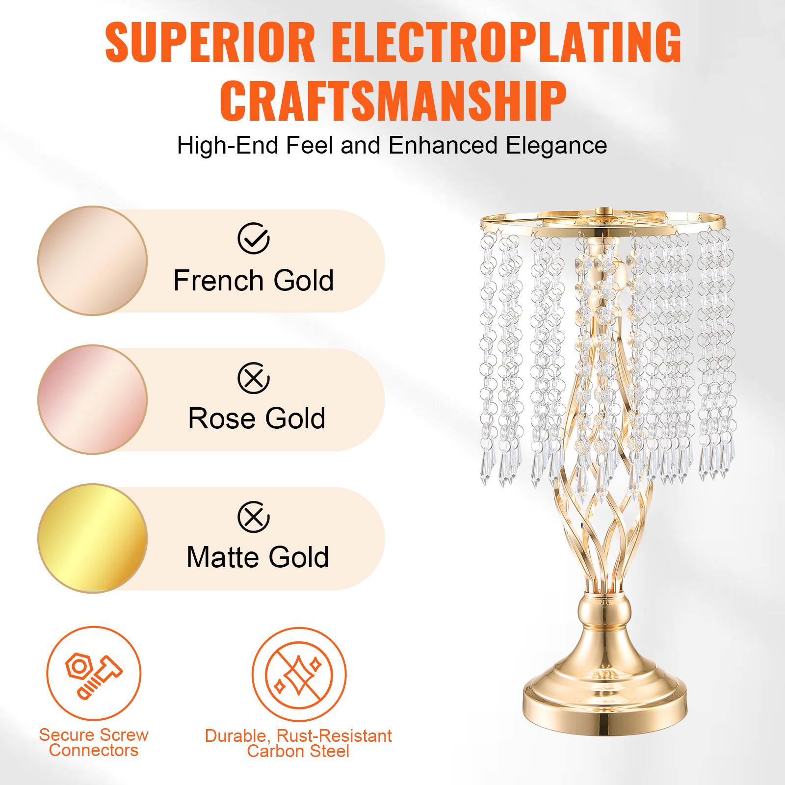 SUPERIOR ELECTROPLATING CRAFTSMANSHIP  
High-End Feel and Enhanced Elegance  

- French Gold  
- Rose Gold  
- Matte Gold  

Secure Screw Connectors  
Durable, Rust-Resistant Carbon Steel