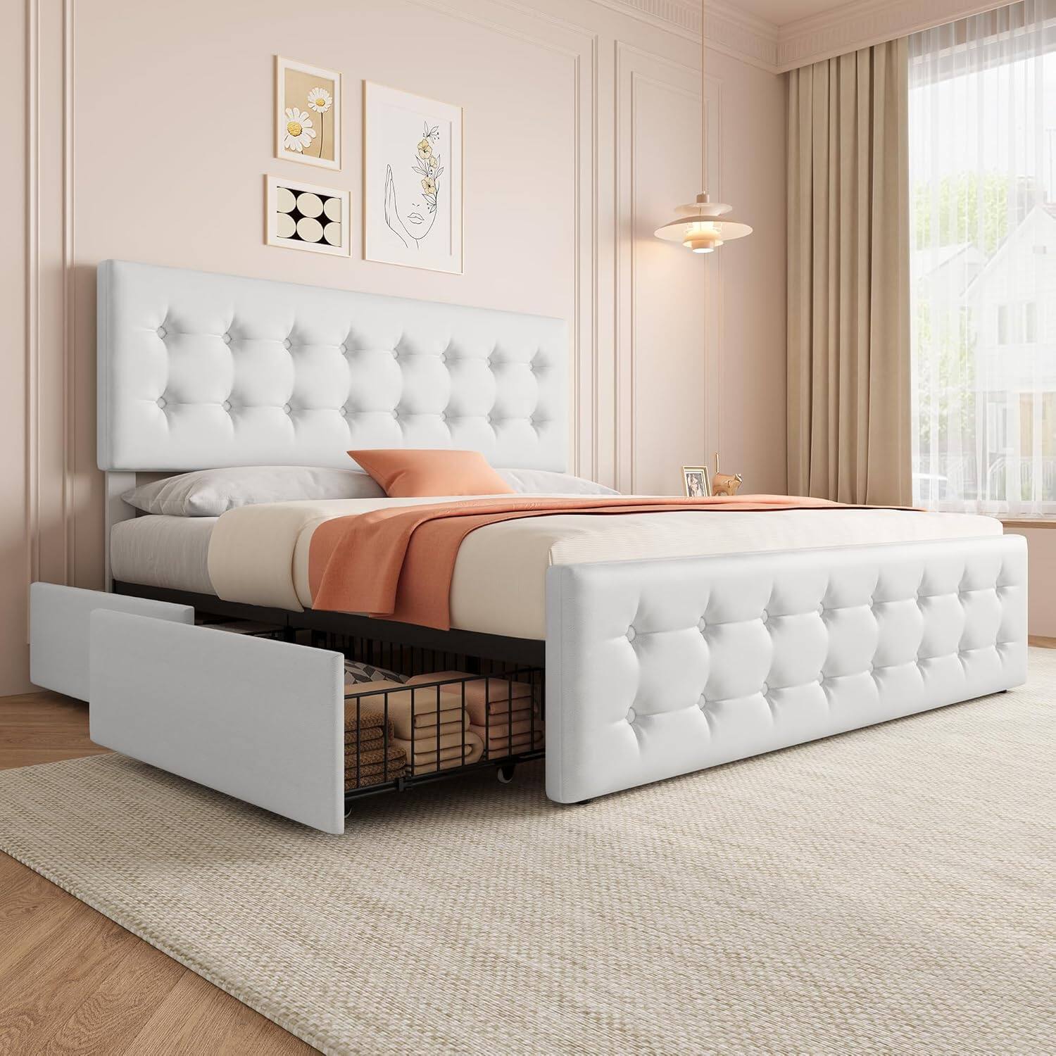 Front. Jojoka - King Size Bed Frame with 4 Storage Drawers, Faux Leather Upholstered Platform Bed, Adjustable Headboard, White - White.