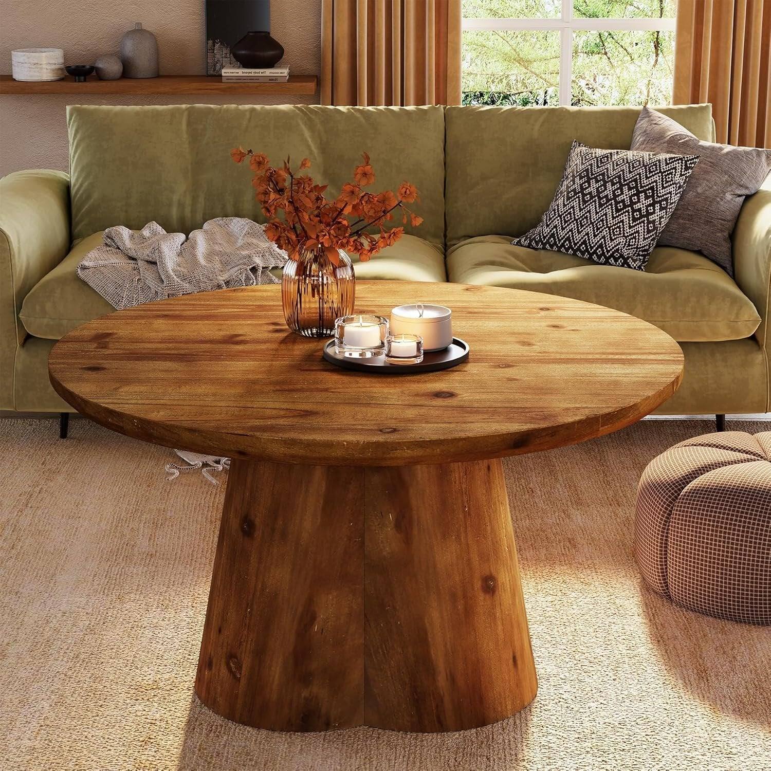 Back. Tribesigns - Solid Wood Coffee Table with Space-Saving Design and Round Top for Books, Drinks and Everyday Essentials - Brown.