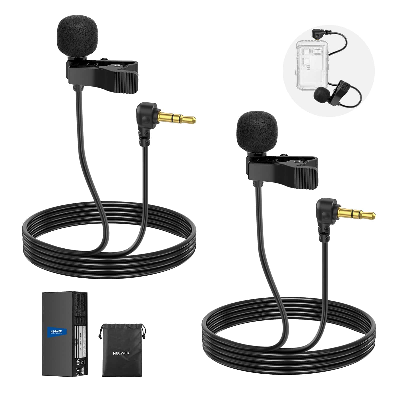 Neewer - 2-Pack Mini Lavalier Microphone - Clip-On Wired Lapel Mic for DJI Mic 2 & Rode Wireless Go II