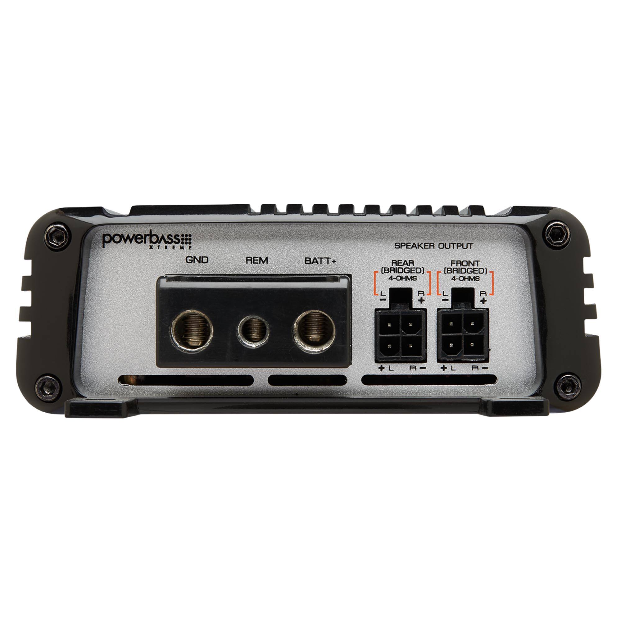 powerbass XTEEME  
GND REM BATT+  
SPEAKER OUTPUT  
REAR (BRIDGED) 4-OHMS  
FRONT (BRIDGED) 4-OHMS  
+ L + L +