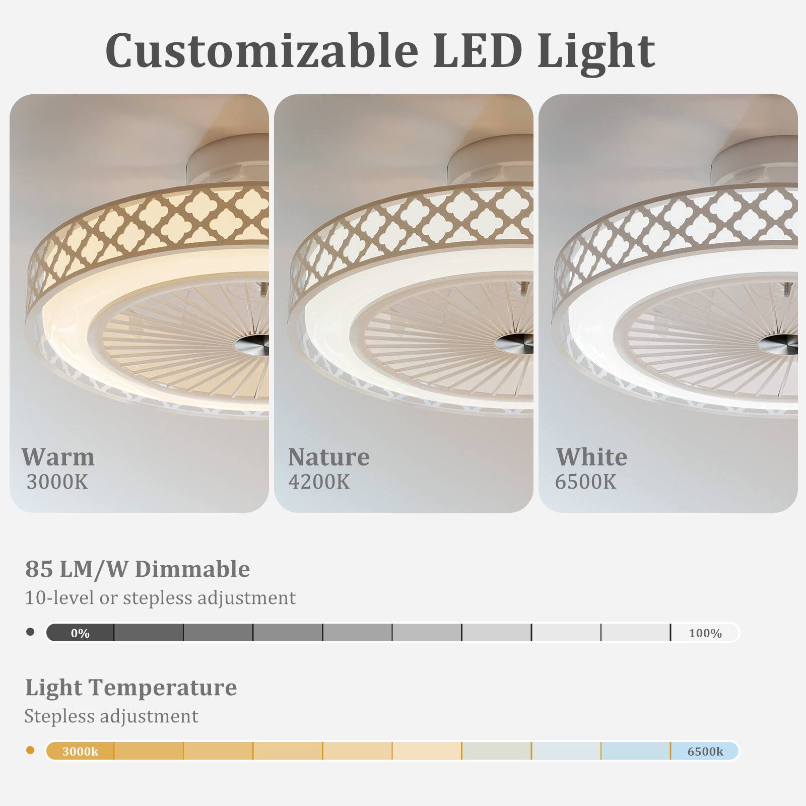 Customizable LED Light

Warm 3000K  
Nature 4200K  
White 6500K  

85 LM/W Dimmable  
10-level or stepless adjustment 0% 100%  

Light Temperature  
Stepless adjustment 3000k 6500k