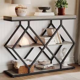 Babevy - 3-Tier Industrial Entryway Table with Storage, Console Sofa Table with Open Shelves, Diamond-Shaped Metal Frame - Gray