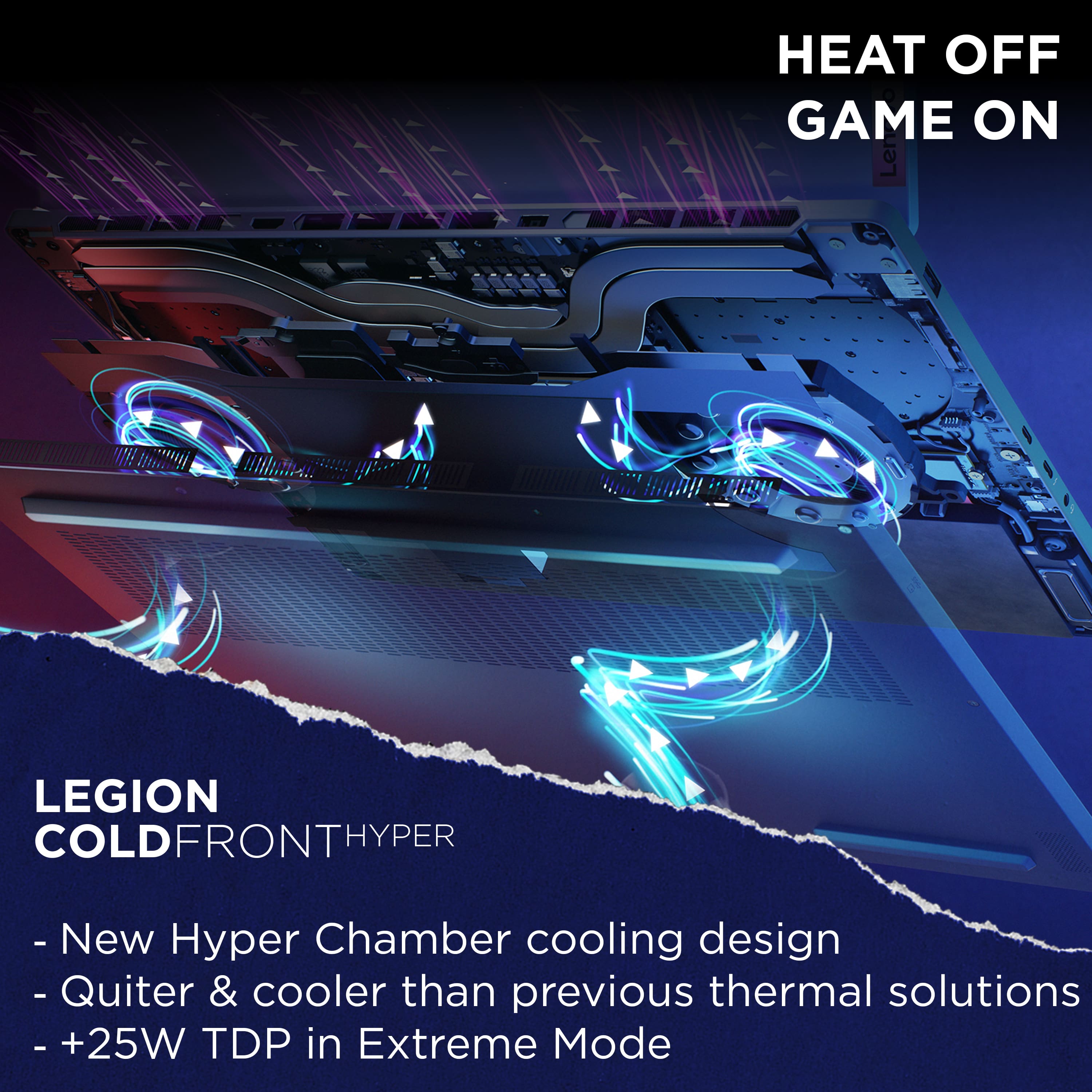 The image features a computer with a new cooling design called the Len Legion ColdFrontHyper. This design is quieter and cooler than previous thermal solutions. The computer also has a +25W TDP in Extreme Mode, which is an extreme mode for the thermal performance.
