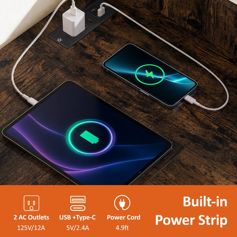 2 AC Outlets 125V/12A Built-in USB + Type-C Power Cord Power Strip 5V/2.4A 4.9ft
