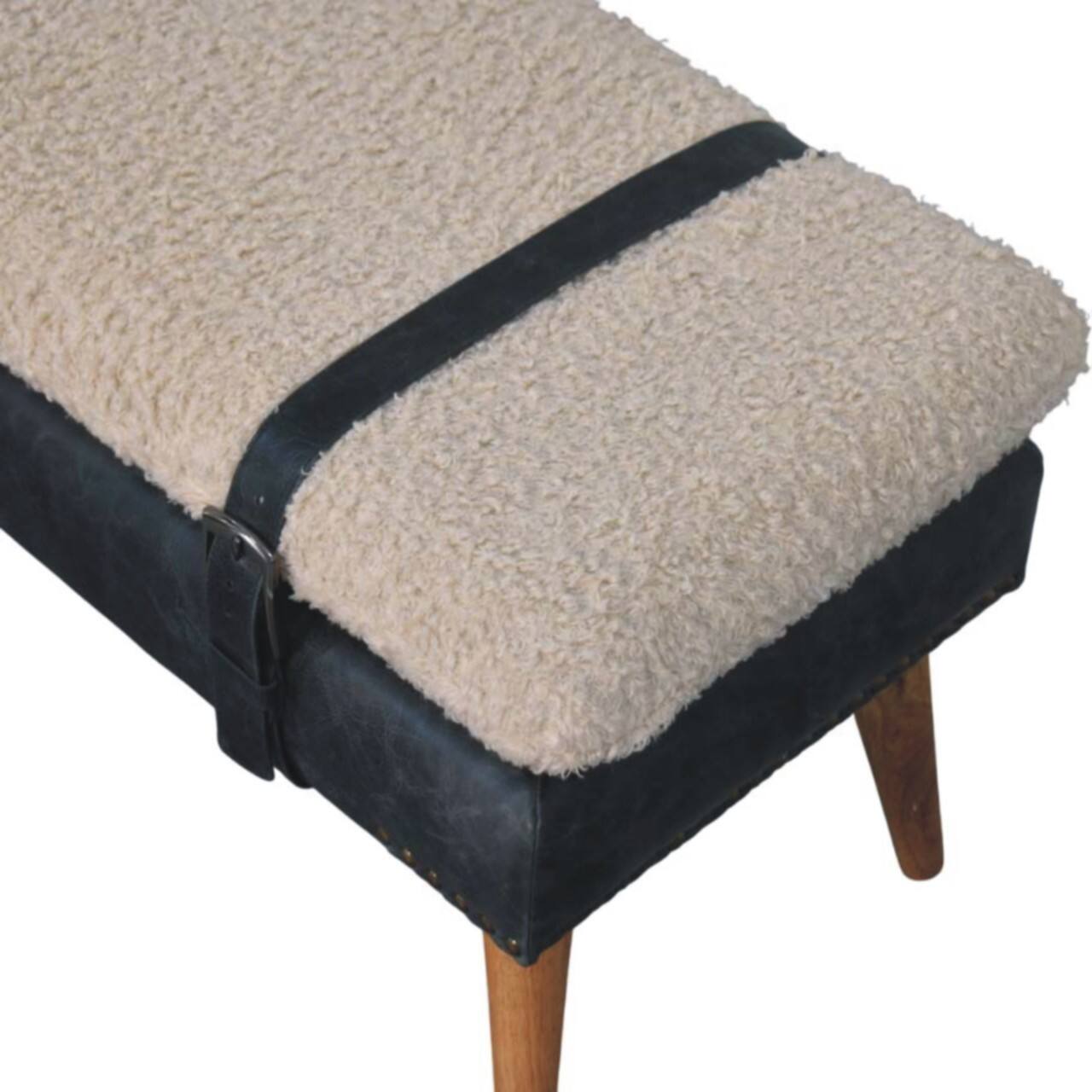 Alt View 2. Artisan Furniture - Artisan Furniture Solid Wood Boucle x Black Leather Bench, Upholstered, Black and White - Black and White.
