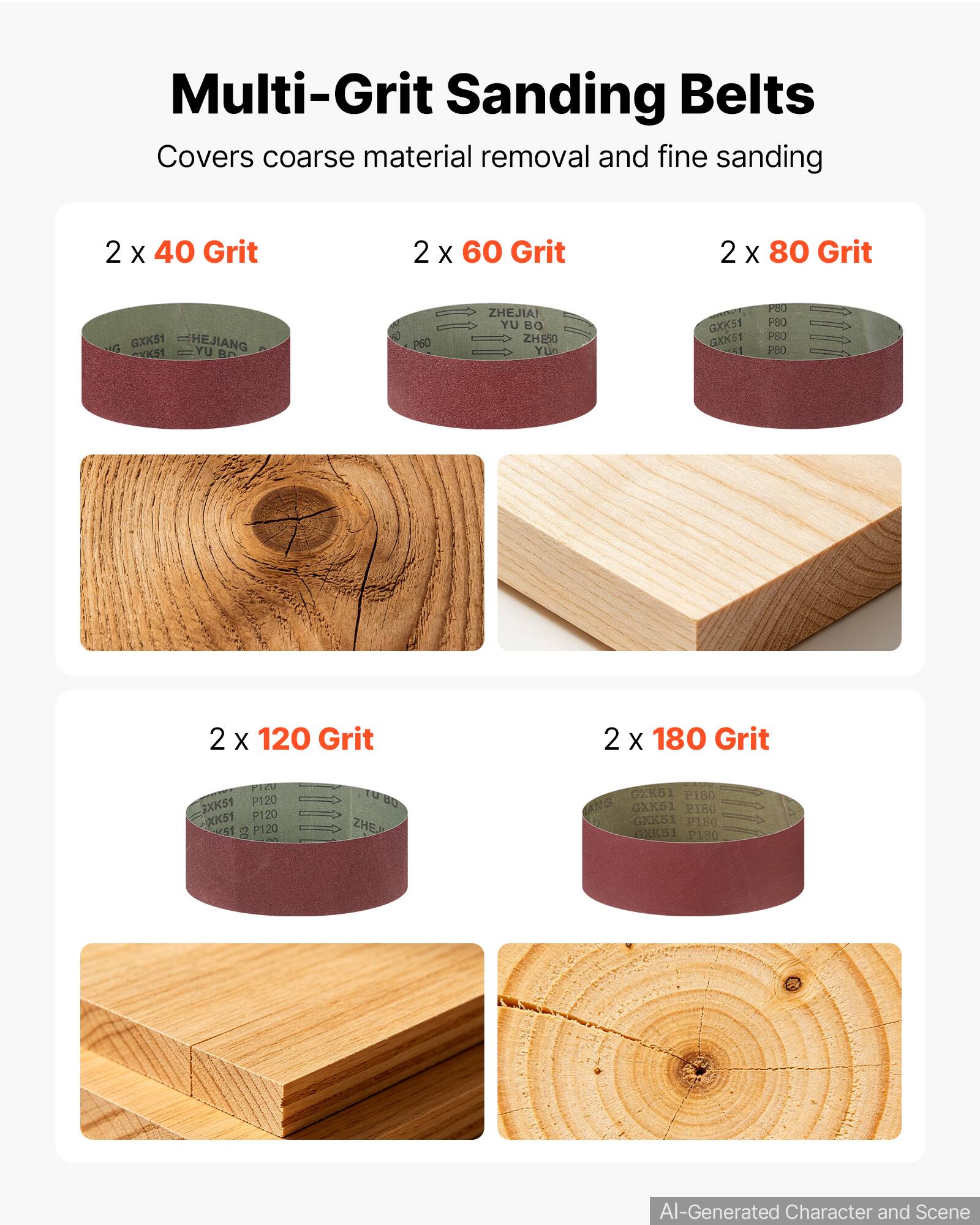 Multi-Grit Sanding Belts  
Covers coarse material removal and fine sanding  

2 x 40 Grit  
2 x 60 Grit  
2 x 80 Grit  

2 x 120 Grit  
2 x 180 Grit  

GXK51  
HEJIANG  
YK51  
YU  
RC  
P60  
ZHEJIA  
YU  
BO  
ZHEI  
Yun  
GXK51  
QXK51  
PO  
P80  
PUO  

3XK51  
P120  
XK51  
P120  
51  
3  
P120  
ZHE  
GXK61  
P180  
ANG  
CXK51  
P180  
GXK51  
P180  
CXK51  
P180  

AI-Generated Character and Scene