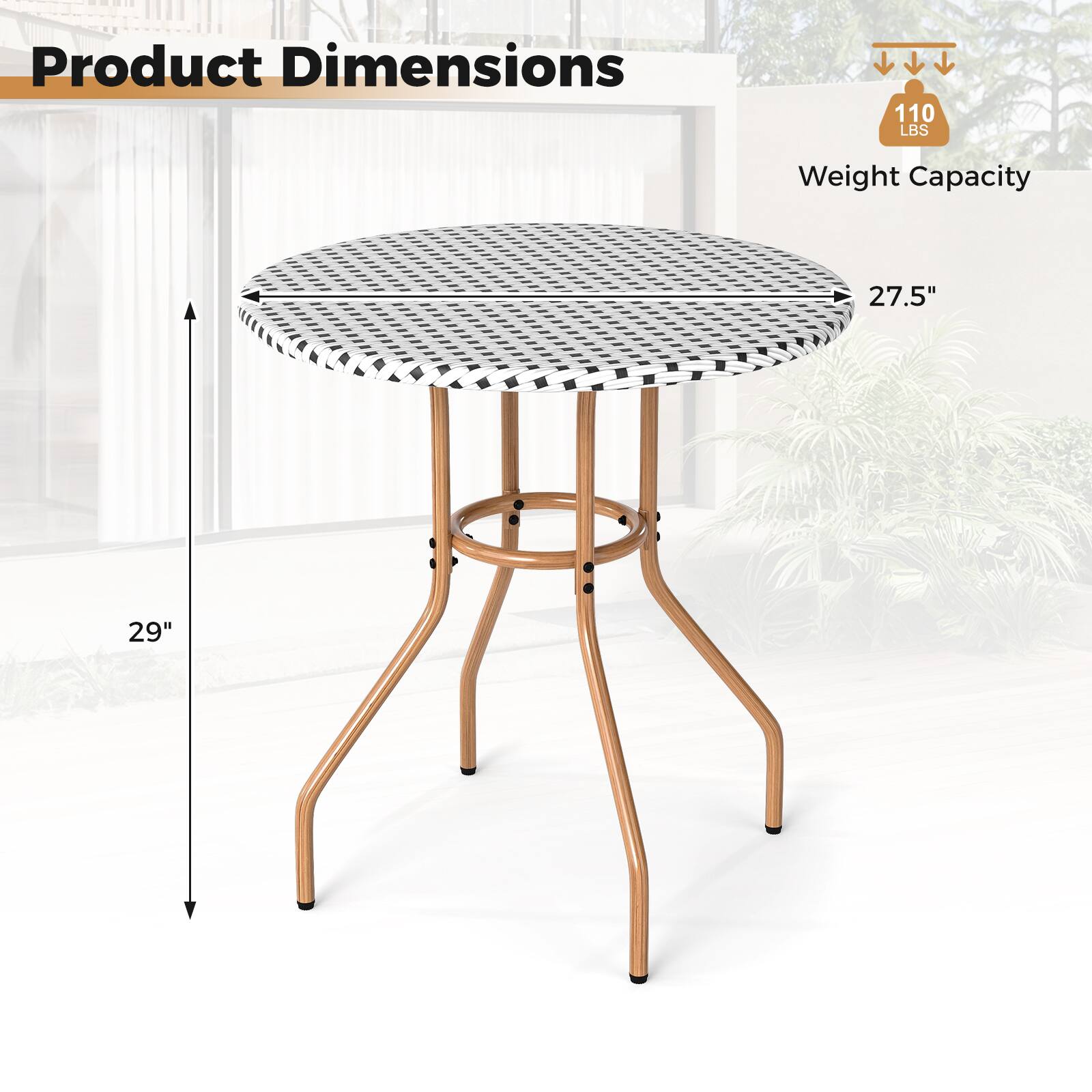 Product Dimensions  
110 LBS Weight Capacity  
27.5"  
29"