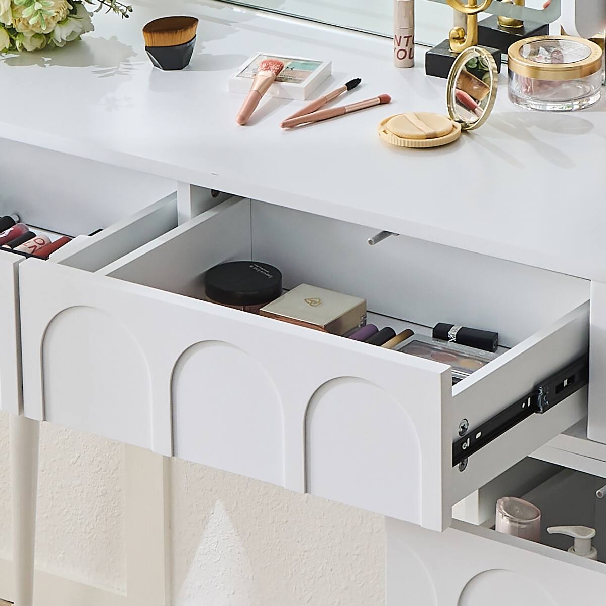 Alt View 9. Loheer - Loheer Makeup Vanity Desk with LED Mirror, White Vanity Table with Stool, Adjustable Length Design - White.