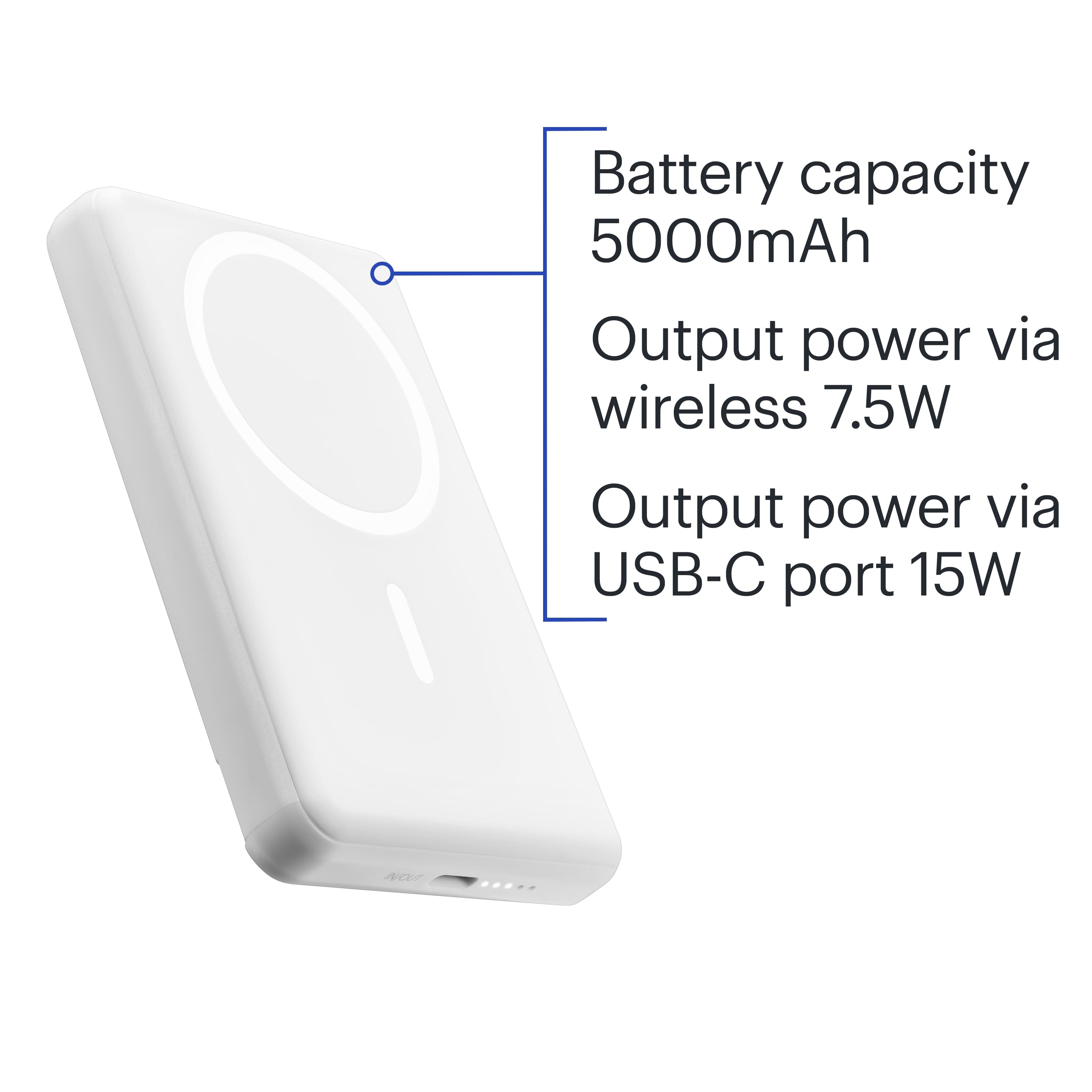 Battery capacity: 5000mAh
Output power via wireless: 7.5W
Output power via USB-C port: 15W