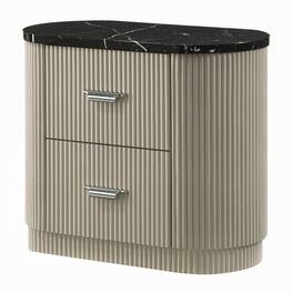 Manhattan Lane - Trex Nightstand, 2 Reeded Drawers with Faux Marble Oval Top - Beige, Black, Silver