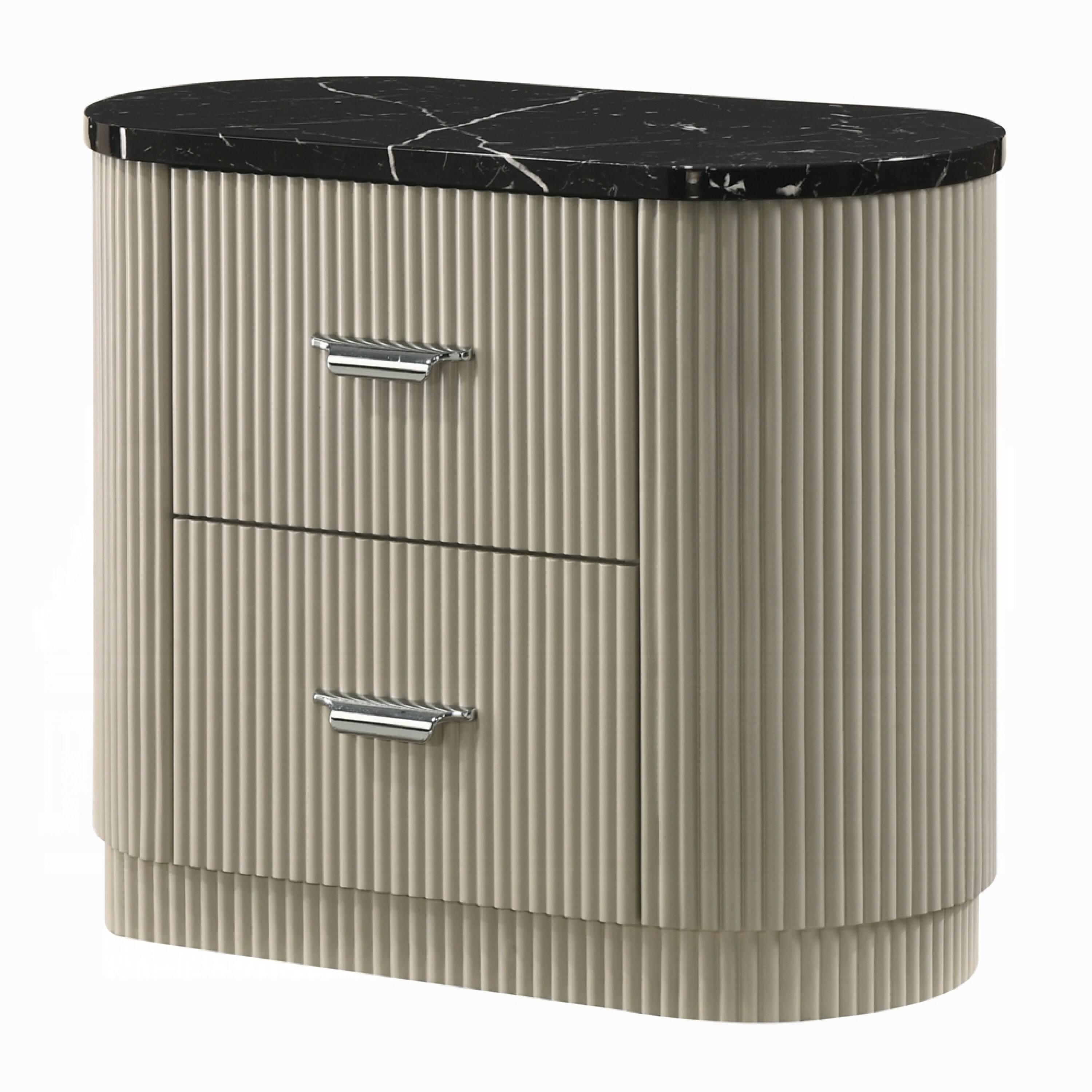 Front. Manhattan Lane - Trex Nightstand, 2 Reeded Drawers with Faux Marble Oval Top - Beige, Black, Silver.