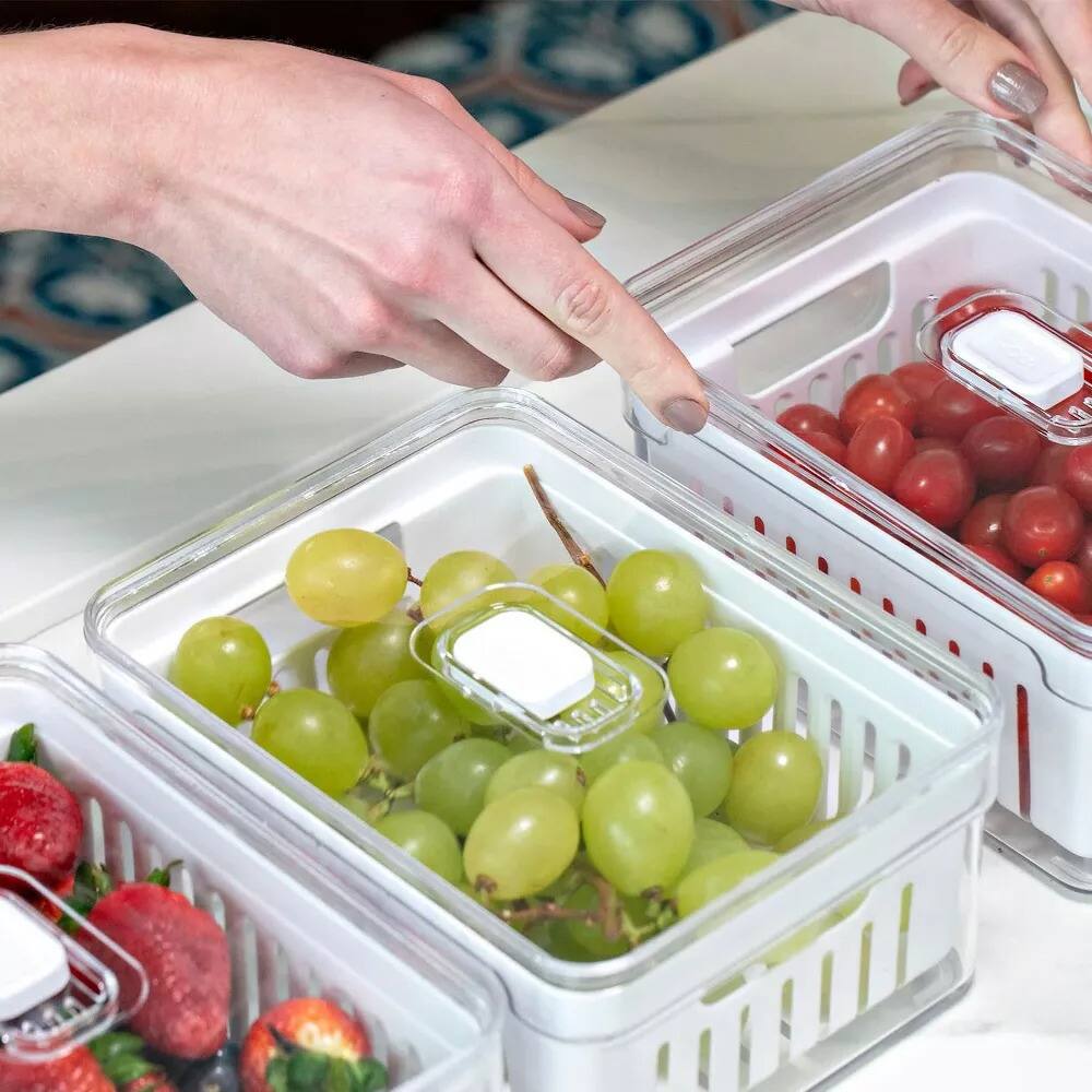 Left. OU - OU Fridge Organizer Bins with Drain Baskets & Vented Lids, Clear Stackable Refrigerator Container - Clear.