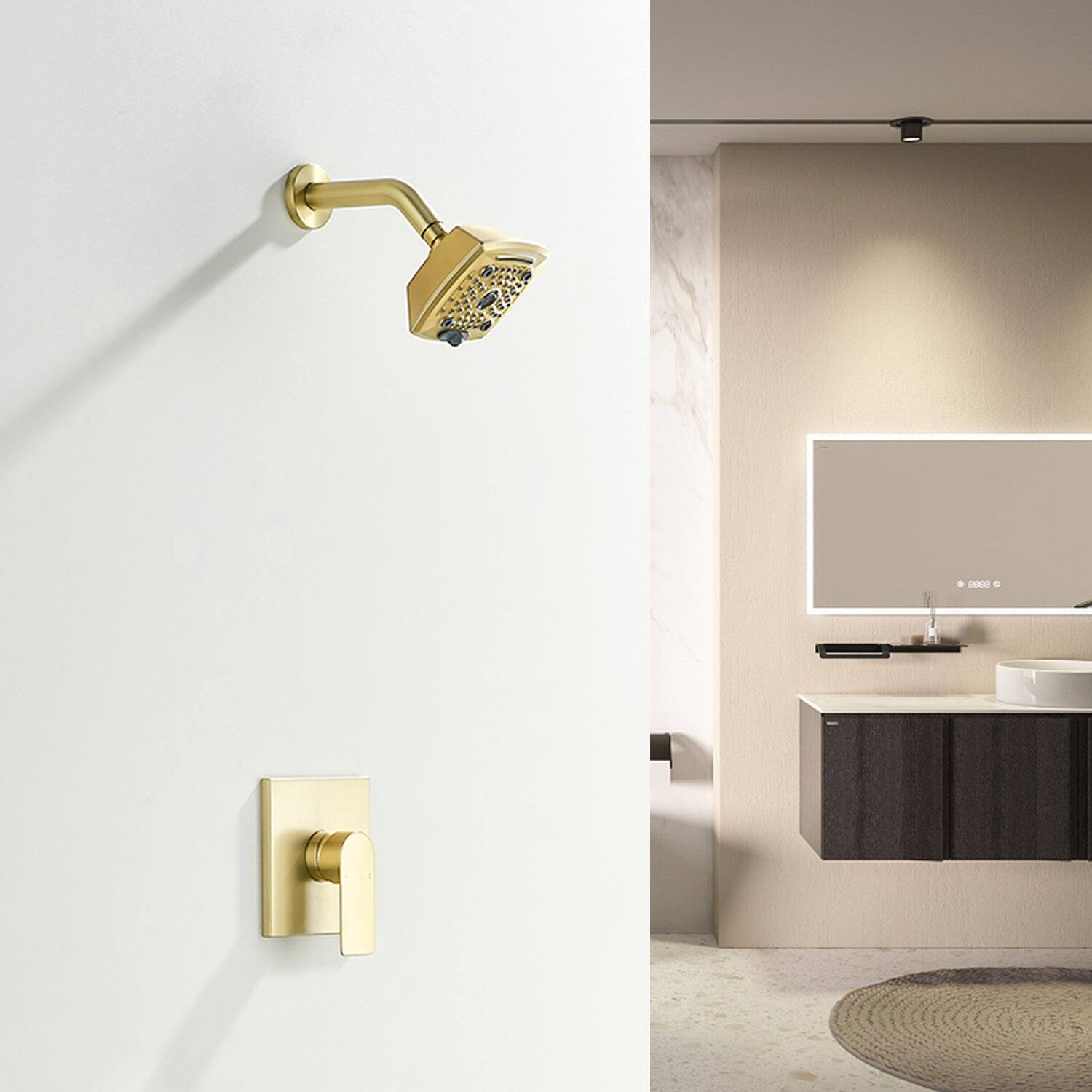 Alt View 2. Boyel Living - Brushed Gold Brass Shower Set 5-Function ABS Top Spray Pressure Balance Valve 1/2NPT Thread Fingerprint-Free - Brushed Gold.
