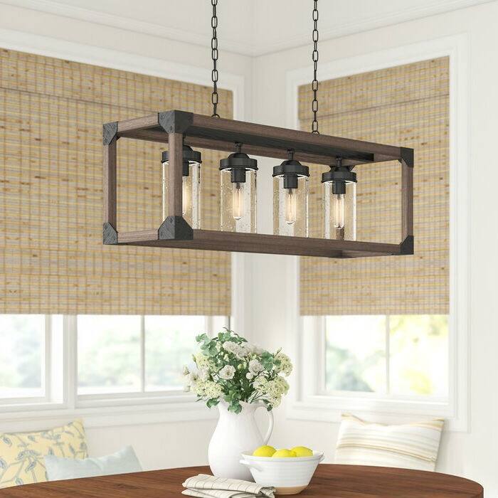 Angle. Hivvago - 4 Light Adjustable Dimmable Rectangle Chandelier with Wrought Iron Accents - Rustic Brown, Black.