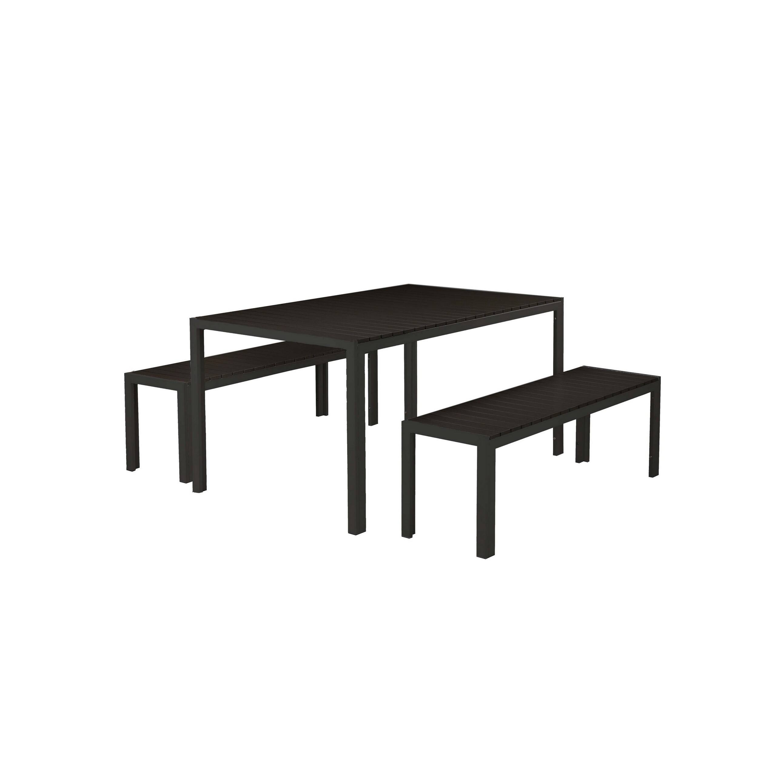 Front. Manhattan Lane - Plank Dining Table  Bench with Metal Legs, Set of 3 - Brown and Black.
