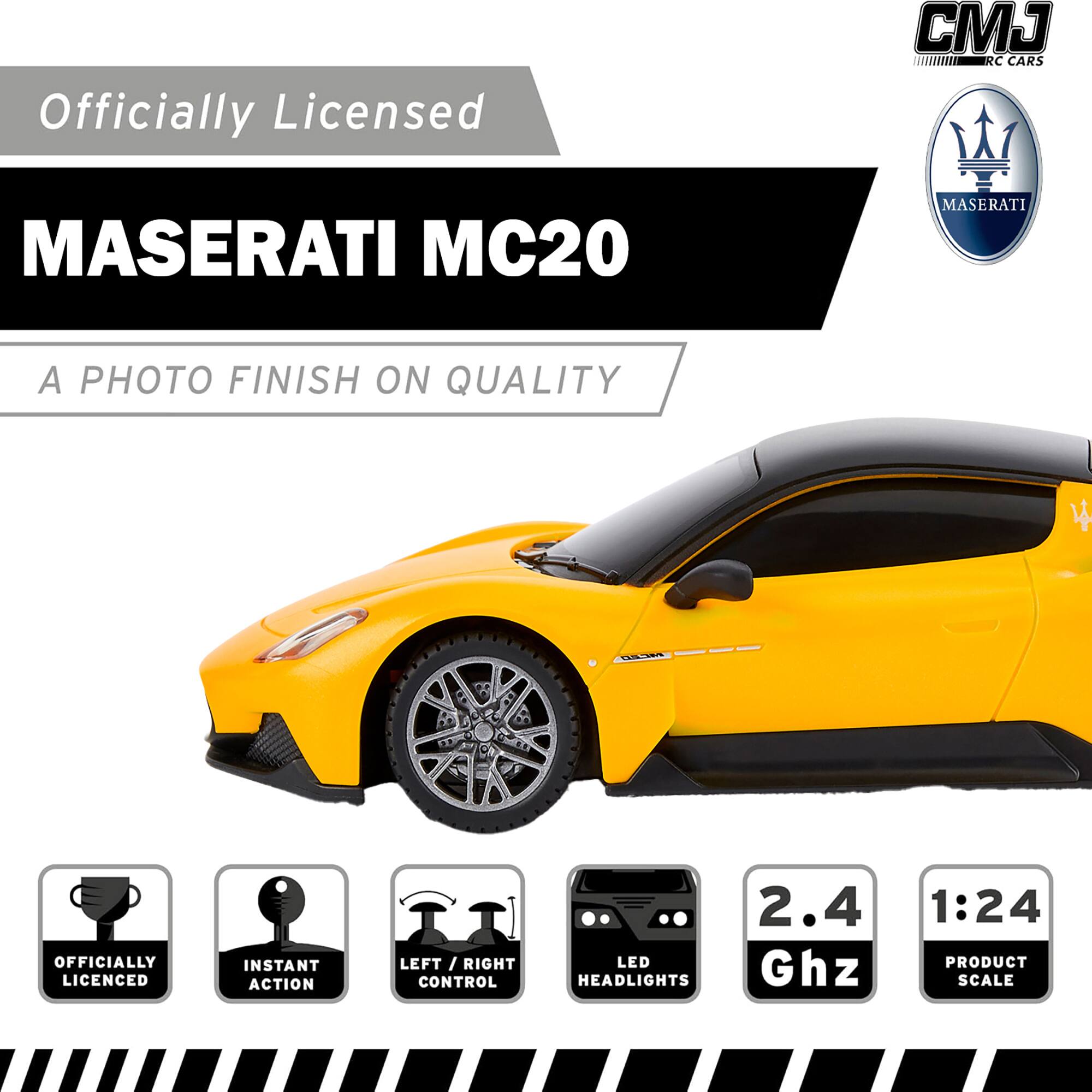 Officially Licensed  
MASERATI MC20  
A PHOTO FINISH ON QUALITY  

OFFICIALLY LICENCED  
INSTANT ACTION  
LEFT / RIGHT CONTROL  
LED HEADLIGHTS  
2.4 Ghz  
1:24 PRODUCT SCALE