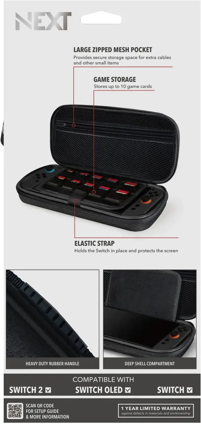 NEXT LARGE ZIPPED MESH POCKET: Provides secure storage space for extra cables and other small items. GAME STORAGE: Stores up to 10 game cards. ELASTIC STRAP: Holds the Switch in place and protects the screen. HEAVY DUTY RUBBER HANDLE: Deep shell compartment. SWITCH 2 COMPATIBLE WITH SWITCH OLED: Switch 2 compatible with Switch OLED. SCAN QR CODE FOR SETUP GUIDE & MORE INFORMATION: 1 YEAR LIMITED WARRANTY against defects in materials and workmanship.