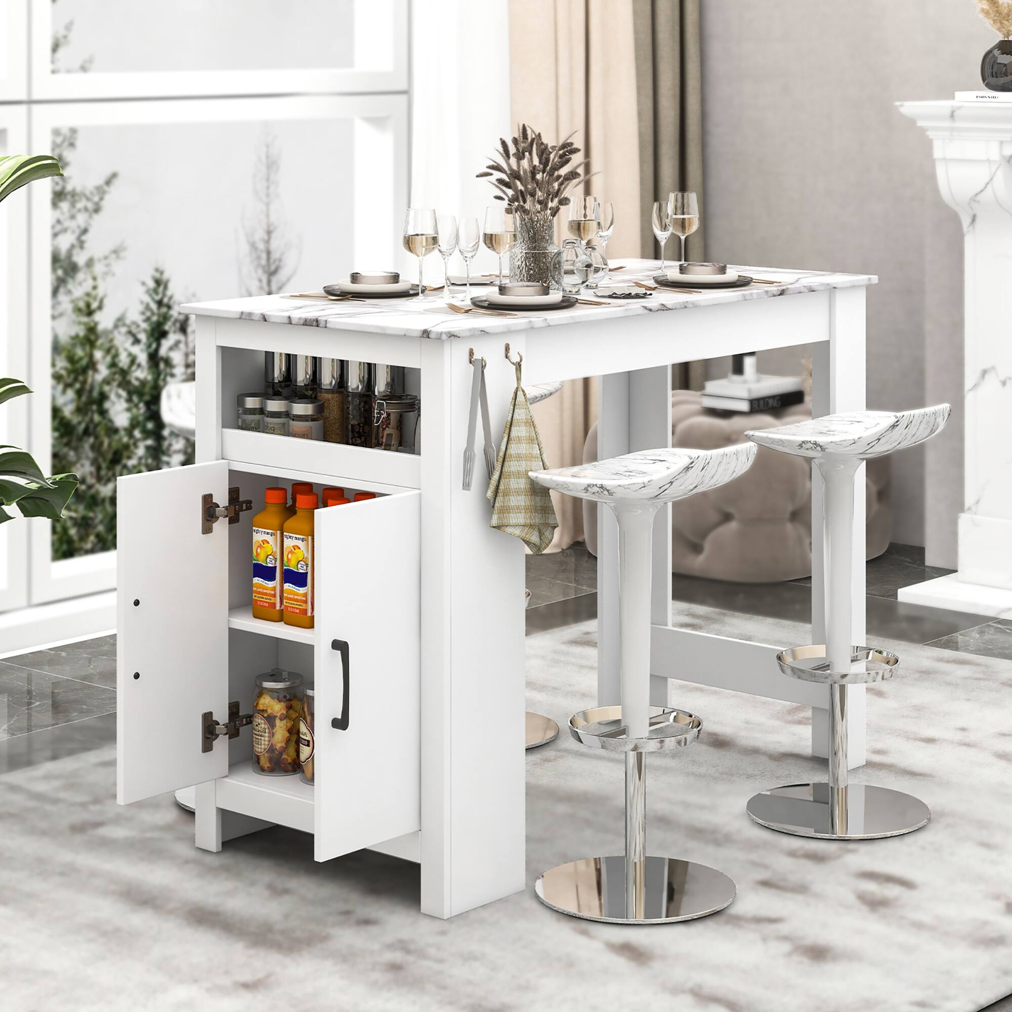 Alt View 3. Gymax - Gymax 47'' Long Counter Height Table Bar Table Faux Marble Pub Table w/ Cabinet - White.