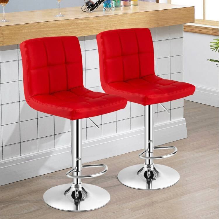 Left. Hivvago - Set of 2 Modern Adjustable Height Barstools w/ Comfortable Red PU Leather Seat - Red.