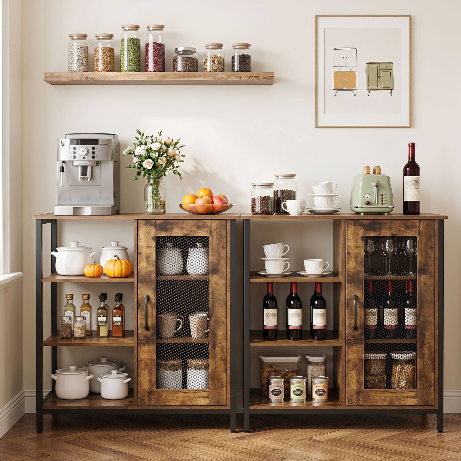 Alt View 5. Costway - Costway Buffet Sideboard Cabinet with 3 Open Shelves 2 Adjustable Shelves Anti-Tipping Kits - Rustic Brown.