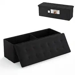 Costway - 43" Folding Storage Ottoman Bench, Linen End of Bed Bench with Padded Seat, Pocket - Black