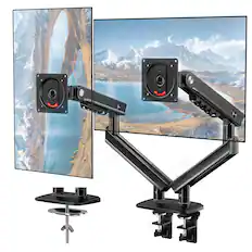Front. HUANUO - FlowLift™ Dual Monitor Arms for 13–32" Screens, MechaSpring™ Monitor Mount with Tilt/Swivel/Rotation, Max Load 19.8lbs - Black.