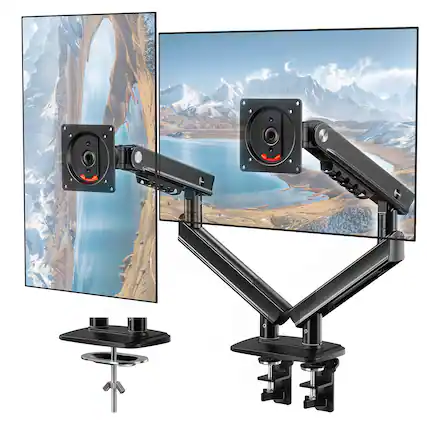 Front. HUANUO - FlowLift™ Dual Monitor Arms for 13–32" Screens, MechaSpring™ Monitor Mount with Tilt/Swivel/Rotation, Max Load 19.8lbs - Black.