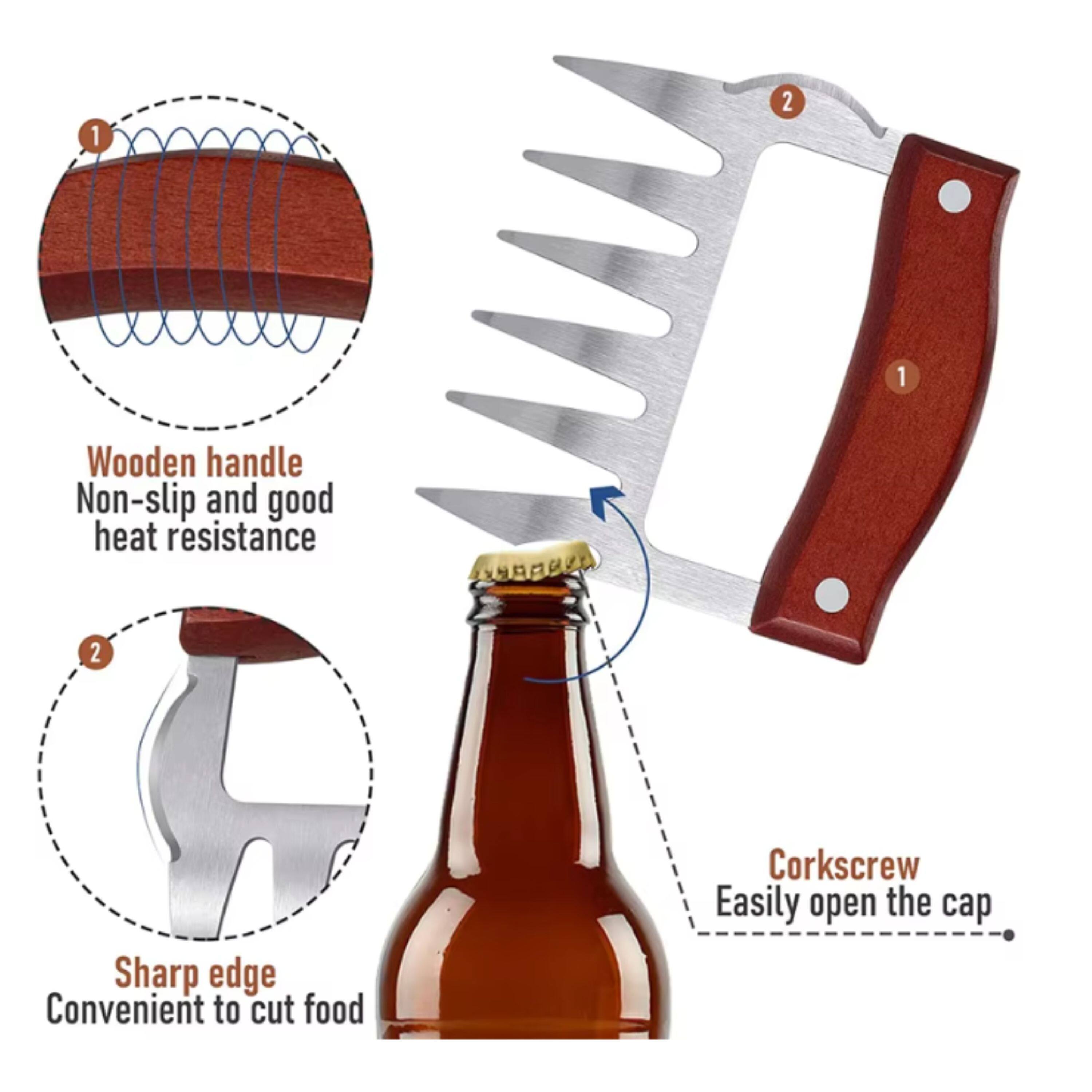 1. Wooden handle
   - Non-slip and good heat resistance

2. Sharp edge
   - Convenient to cut food

3. Corkscrew
   - Easily open the cap