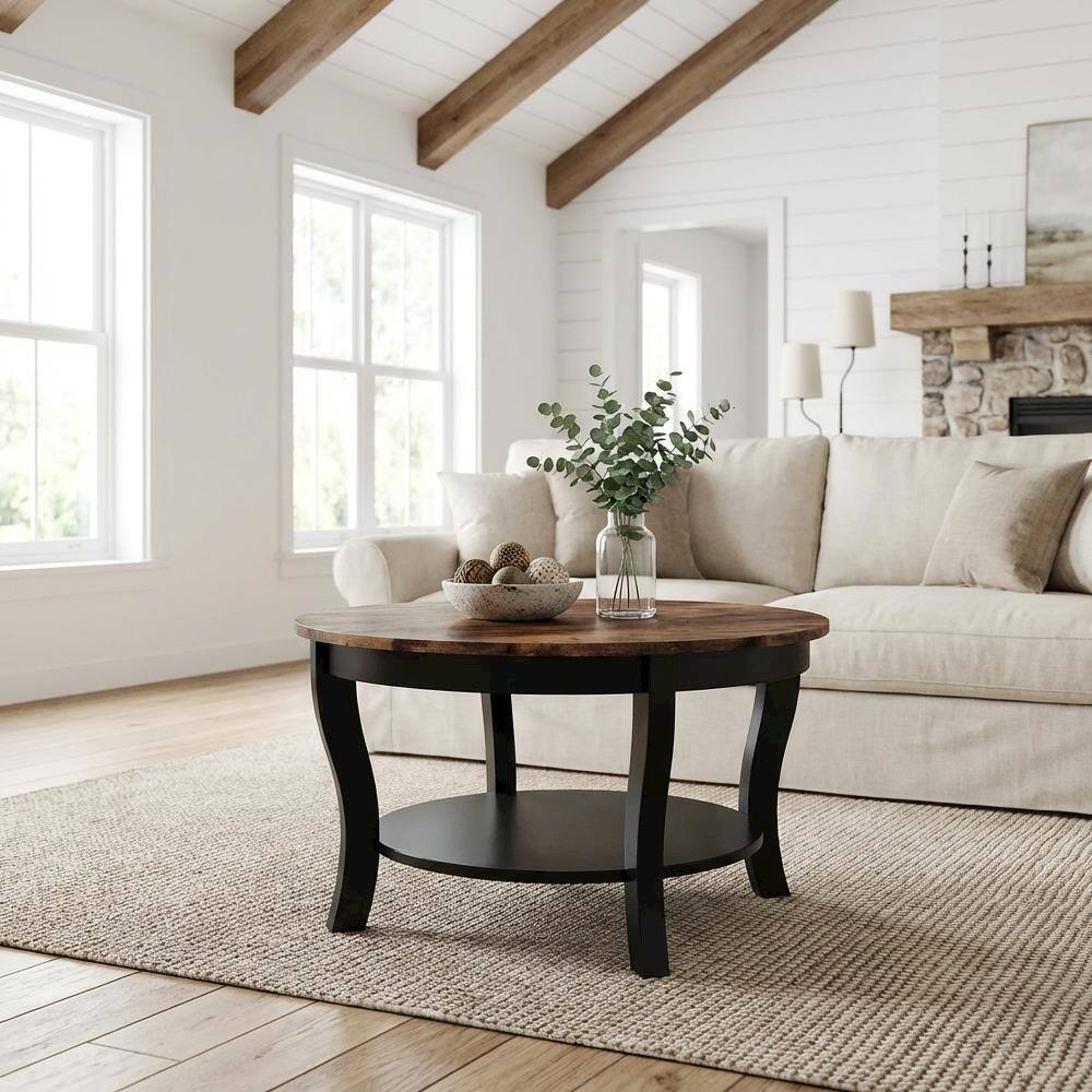 Left. FurniFact - Multi-Color Round Coffee Table with Single Shelf and Rubberwood Legs - Barnwood/Black.