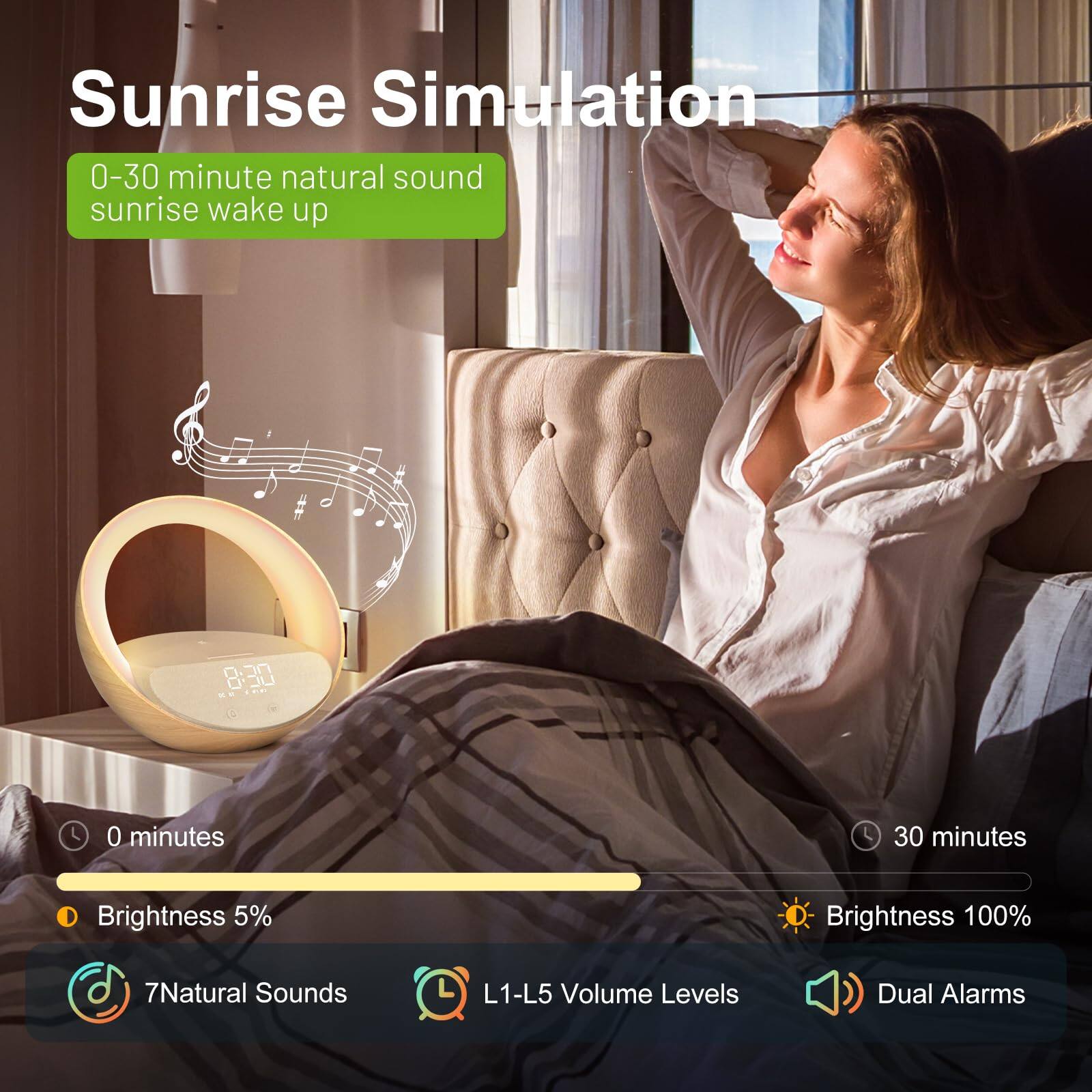 Sunrise Simulation

0-30 minute natural sound sunrise wake up

0 minutes
Brightness 5%

30 minutes
Brightness 100%

7 Natural Sounds
L1-L5 Volume Levels
Dual Alarms