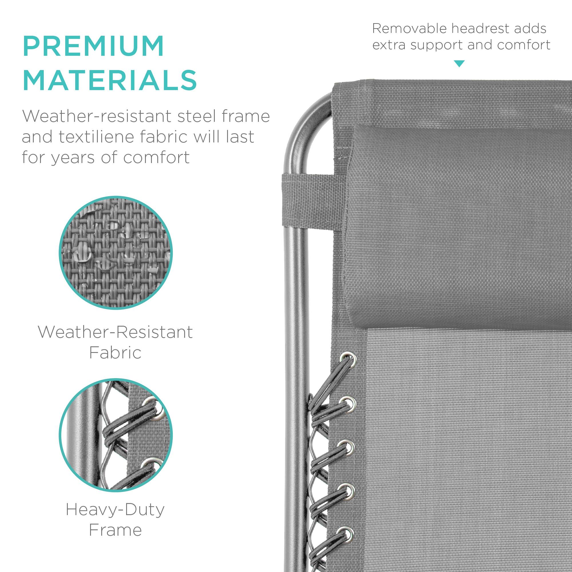 PREMIUM MATERIALS

Weather-resistant steel frame and textilene fabric will last for years of comfort

- Weather-Resistant Fabric
- Heavy-Duty Frame

Removable headrest adds extra support and comfort