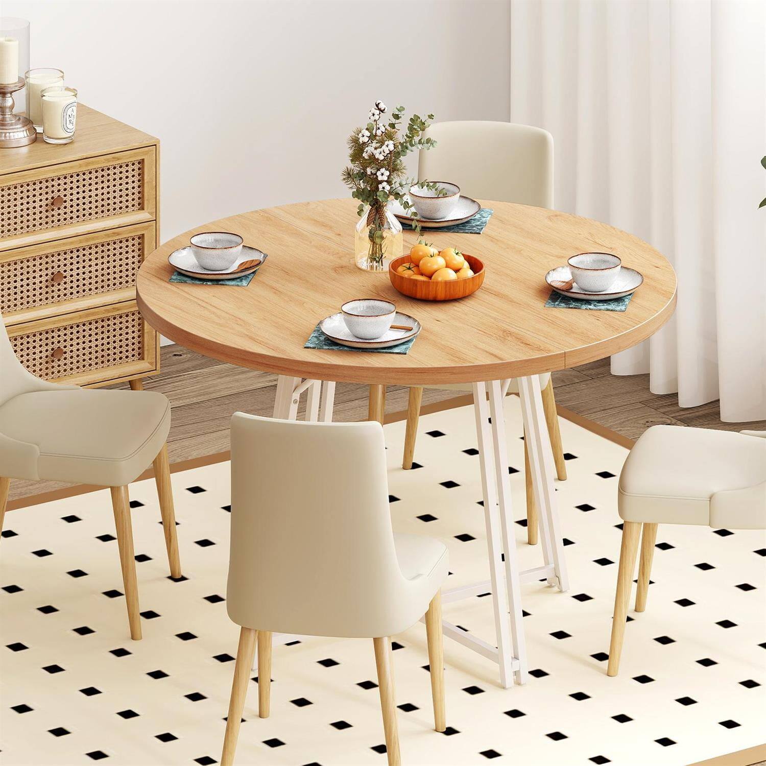 Alt View 3. Pefilos - 47" Round Dining Table,Cross Base 8 Metal Legs,Adjustable Pads,Natural - Brown.