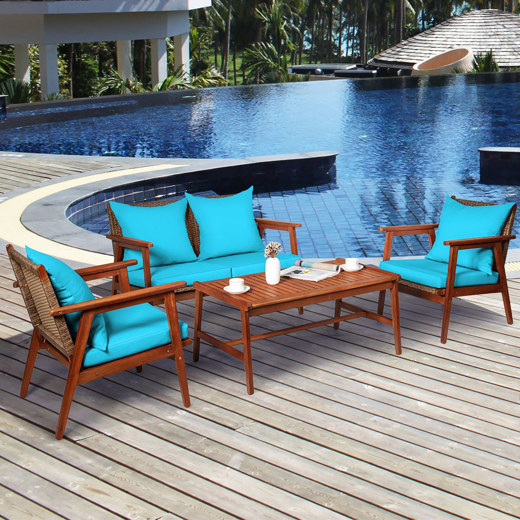 Alt View 7. Costway - Costway 4PCS Patio Rattan Furniture Set Acacia Wood Frame Cushioned Sofa Chair - Turquoise.