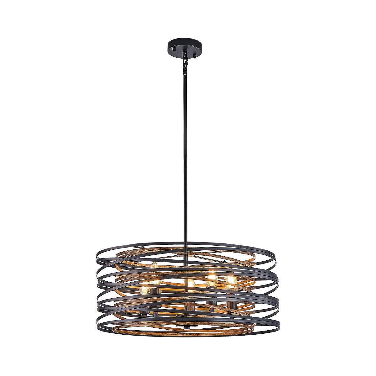 Alt View 6. Loheer - Loheer 20 Inch 5 Light Metal Cage Chandelier, Black and Walnut Wood Accents.